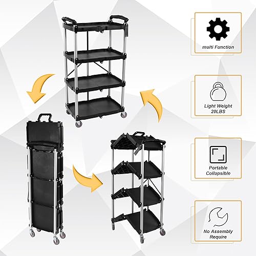 Miniatura 6 de ELEVON Carrito de servicio plegable portátil plegable de servicio de 3 niveles, carrito plegable de empuje, carros utilitarios plegables con ruedas