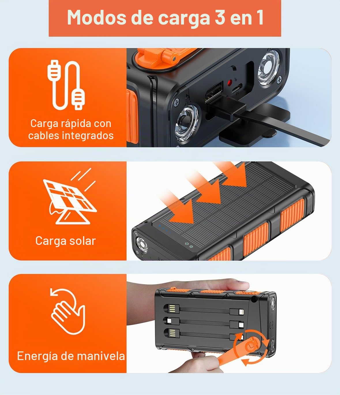 Banco de energía Solar 30000 mAh, Carga Rápida Batería Externa Inalámbrica con 3 Cables de Carga Integrados para Teléfono Tabletas