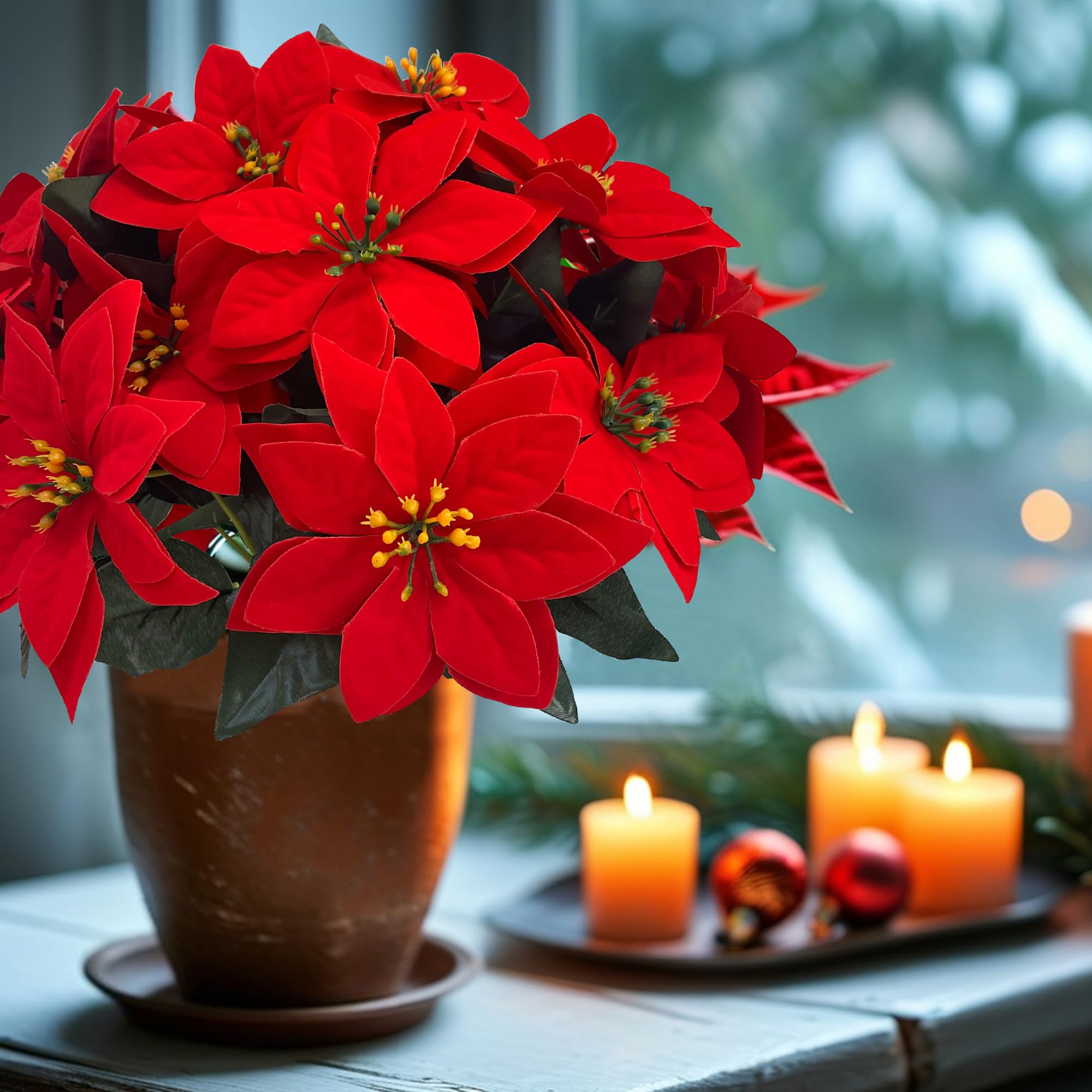 Künstliche Weihnachtssterne Mit Metallvasen – 6 Sets In Rot, Grün, Weiß, Inkl. Beeren, Tannennadeln & Schaumstoff