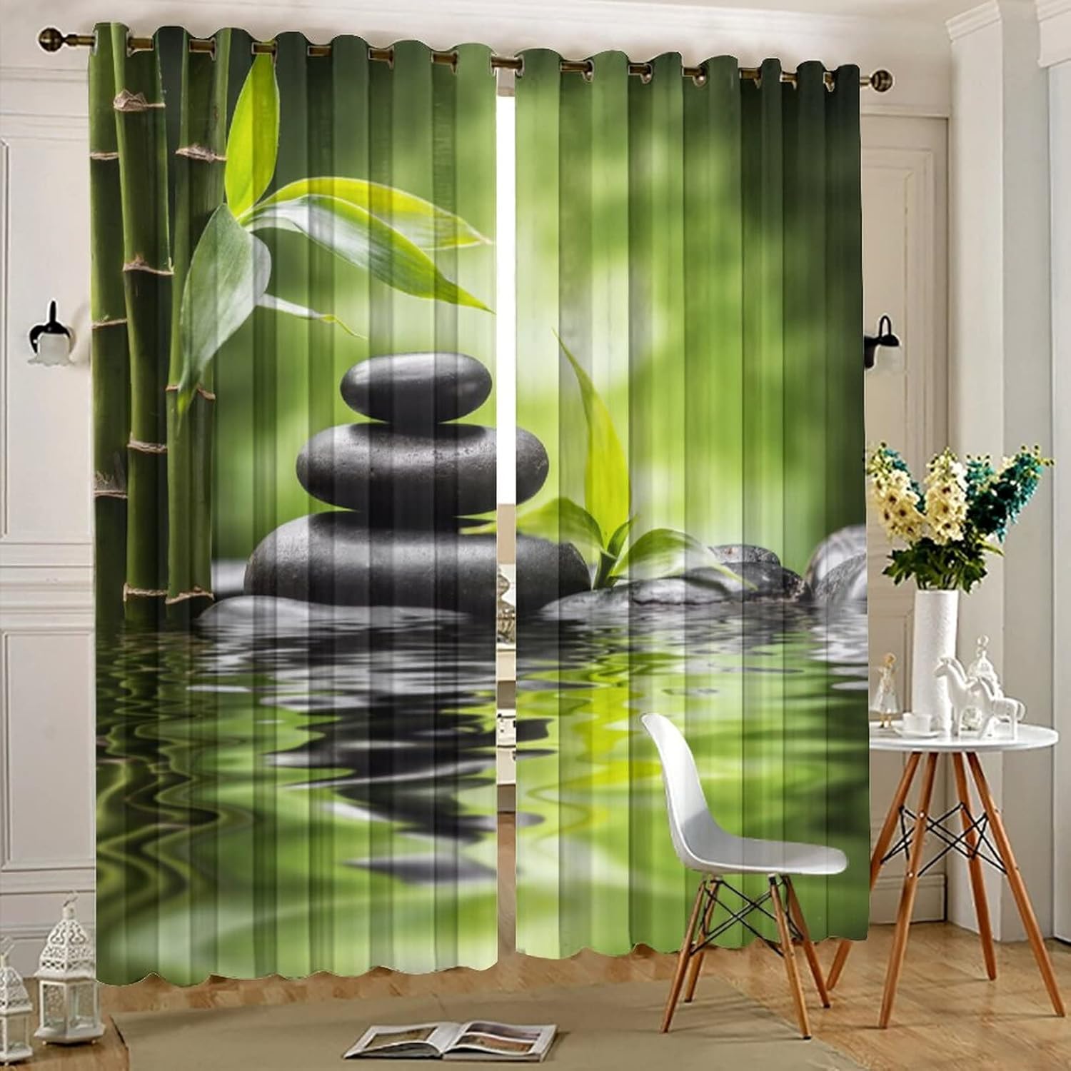 Zen Bamboo Print Curtains - Zen Spa Basalt Stones Japanese Garden Theme Thermal Insulated Blackout Curtains - Grommet Top Window Treatment Drapes for Bedroom 63L x 21W,2 Panels