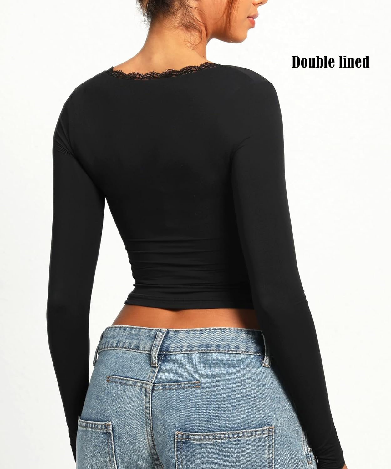 Navneet Women Sexy V Neck Lace Long Sleeve Shirts Crop Top Fall Cute Going Out Tops - Image 4