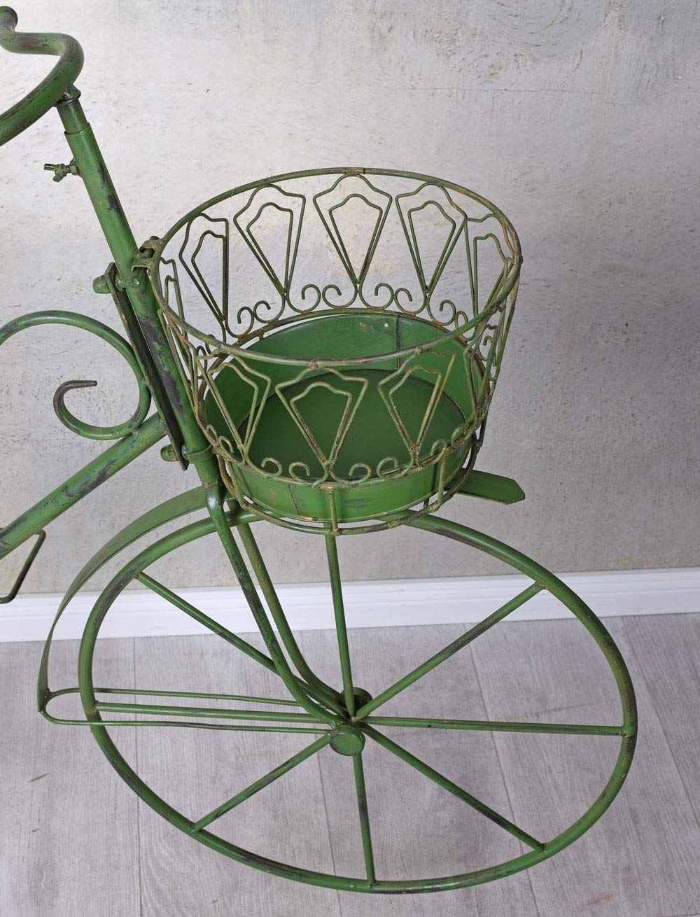 PFLANZFAHRRAD „LE JARDIN DE PROVENCE“ – Deko Fahrrad aus Eisen im Vintage Stil mit 4 Pflanzkörben Grün Garten Deko Metallrad zum Bepflanzen Terrasse Balkon Höhe 86 cm Länge 140 cm Tiefe 43 cm