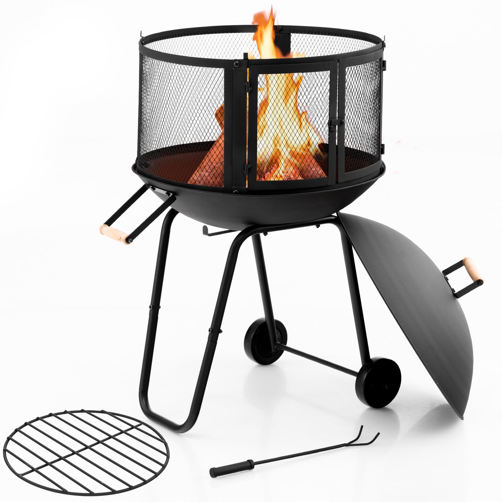 S AFSTARFire Pit Outdoor Indoor, 28 Inch Wood Burning Fire Pits W/Wire Mesh Doors, Firepit Lid, Log Grate & Fire Poker, 42.5 Height Rolling Bonfire Fire Pit Portable Firepits for Outside Patio Deck