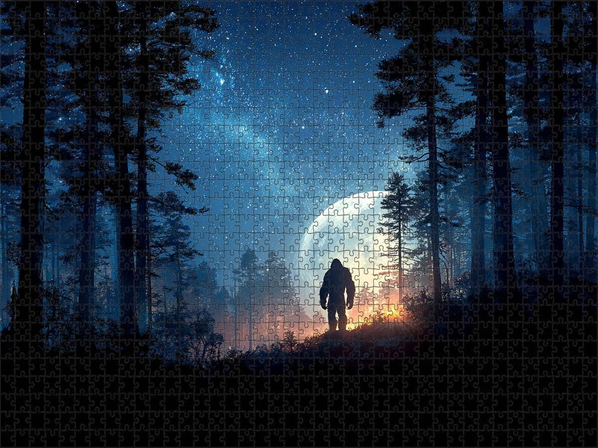 Bigfoot in Forest Under Giant Full Moon and Starry Galaxy Sky Fantasy Digital Art Wooden Jigsaw Puzzle 500 Pieces for Adults Trees Mystical Landscape Home Decor Family Game Night Gift Men Women
