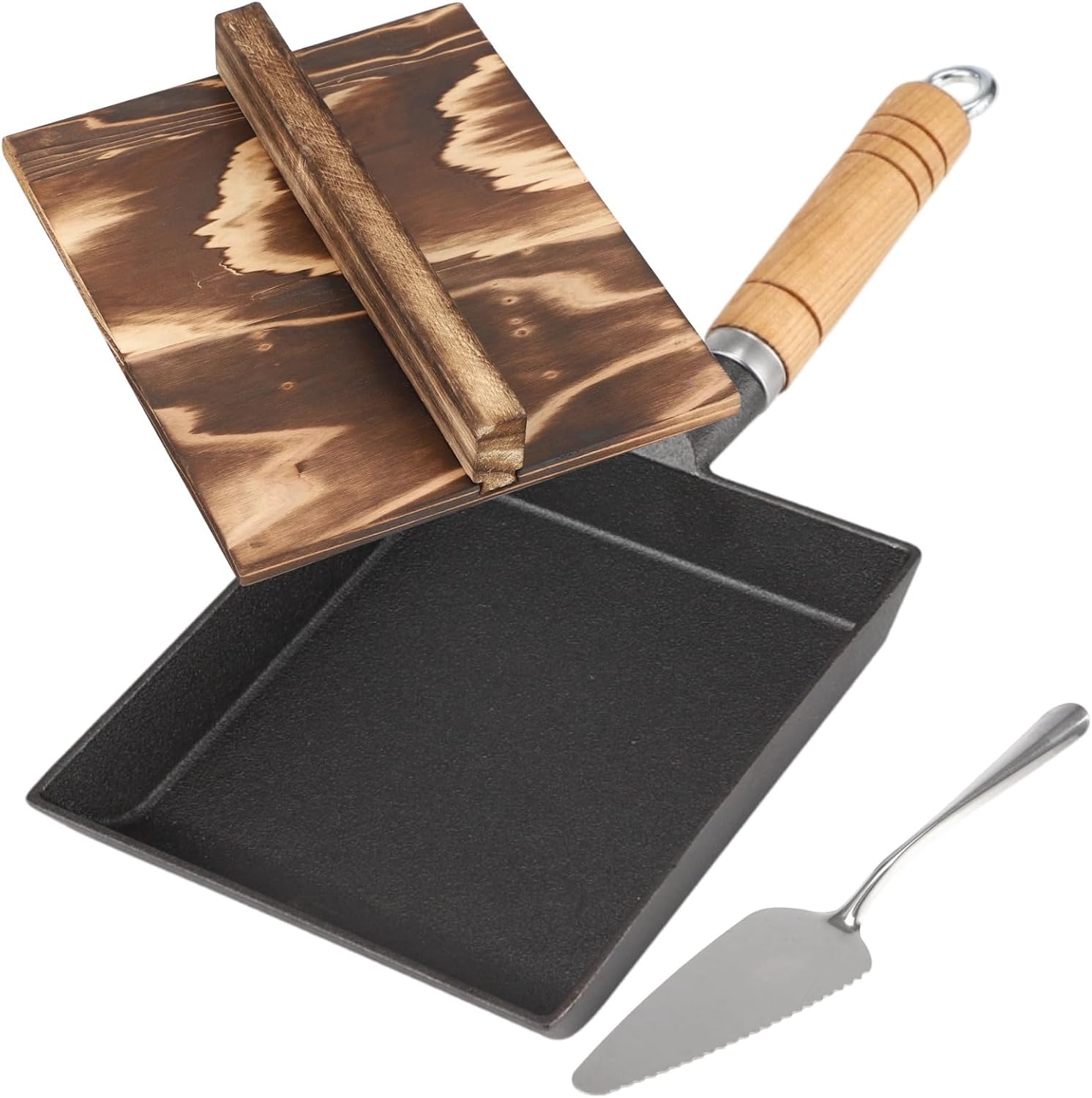 Japanese Omelette Egg Pan Set, Cast Iron Tamagoyaki Pan With Nonstick Square Cookware, Wood Handle, Wooden Lid, Silicone Brush, And Stainless Steel Spatula