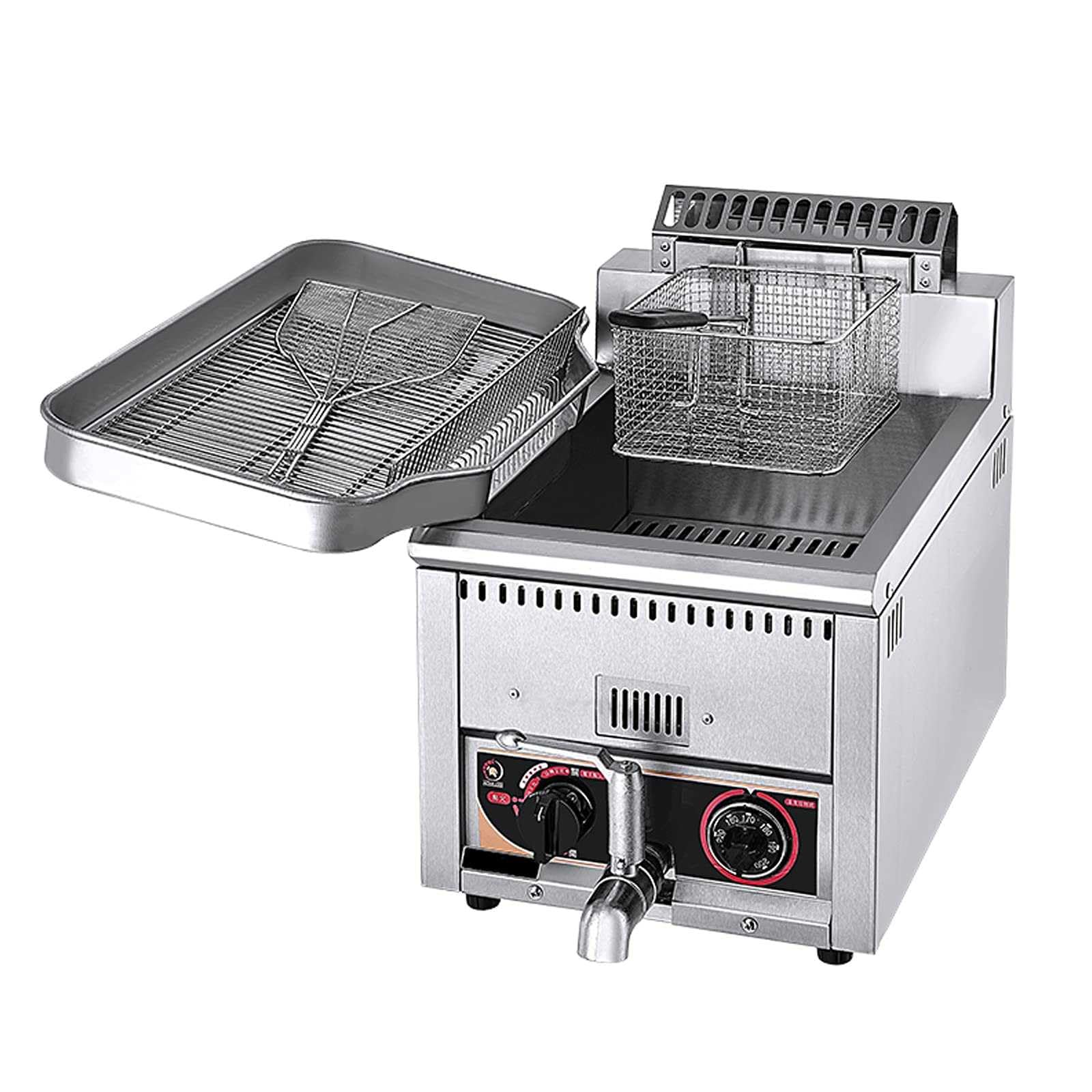 Friggitrice a gas di grande capacità, in acciaio inox, per casa e commerciale, potenza di fuoco regolabile, perfetta per patatine, ciambelle, pesce, include cestini e coperchi, facile da pulire