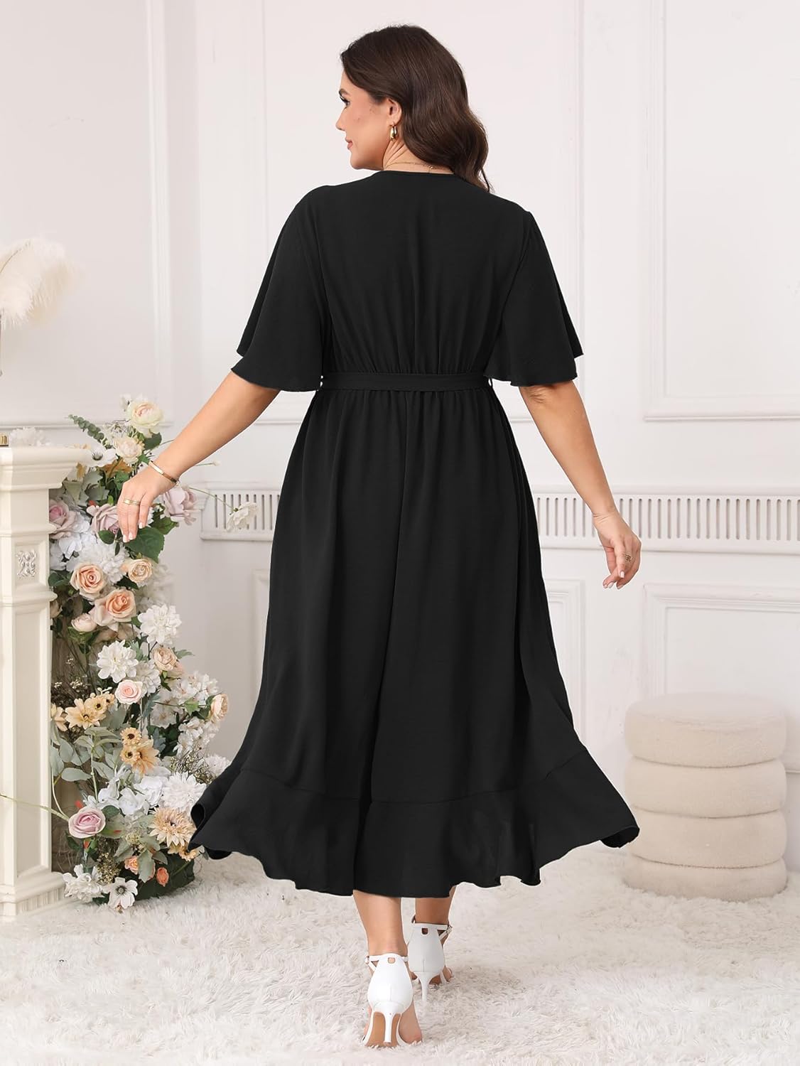 Plus Size Formal Wedding Guest Cocktail Dresses for Curvy Women Maxi Dress Wrap V Neck Short Sleeve - Image 5