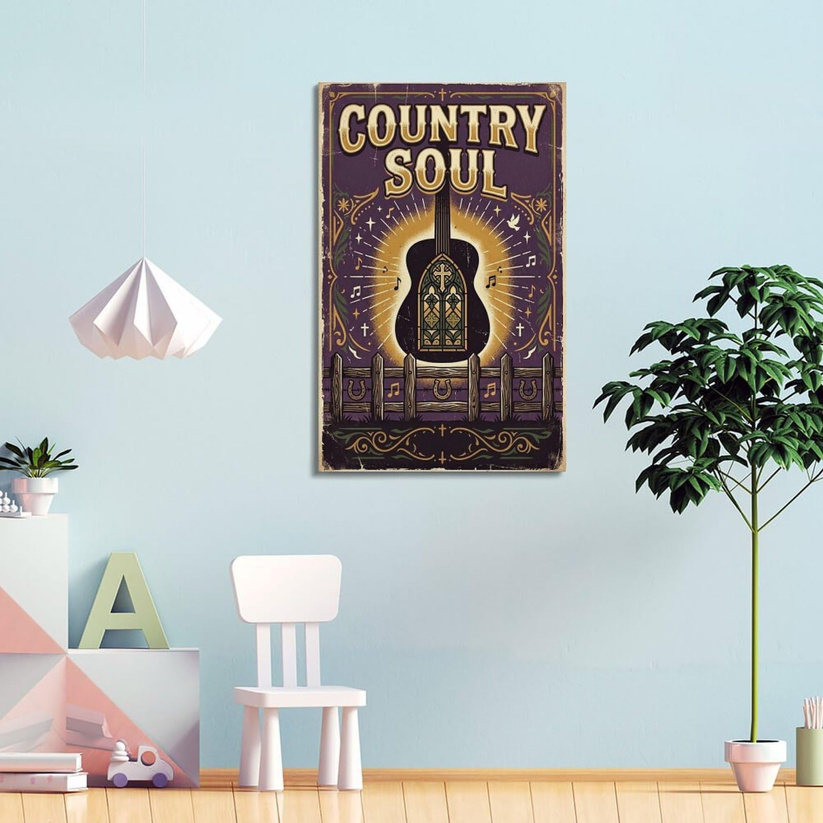 OKNGB Poster decorativo da parete con chitarra acustica, musica country e soul, stampa artistica su tela, poster decorativo moderno per camera da letto, 50 x 75 cm