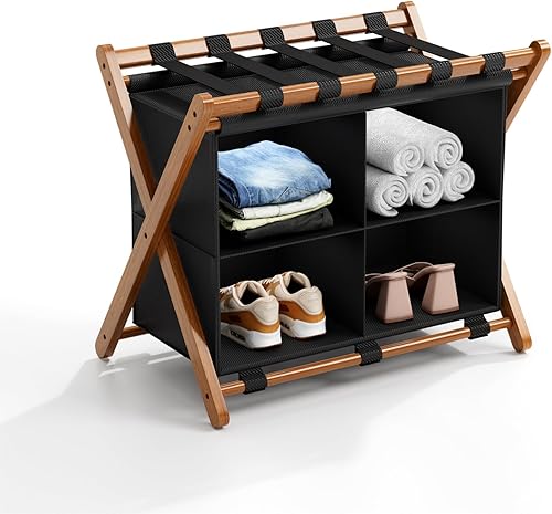 Portaequipajes de bambú con 4 compartimentos de almacenamiento, soporte plegable para maleta para habitación de invitados, capacidad de 150 libras,