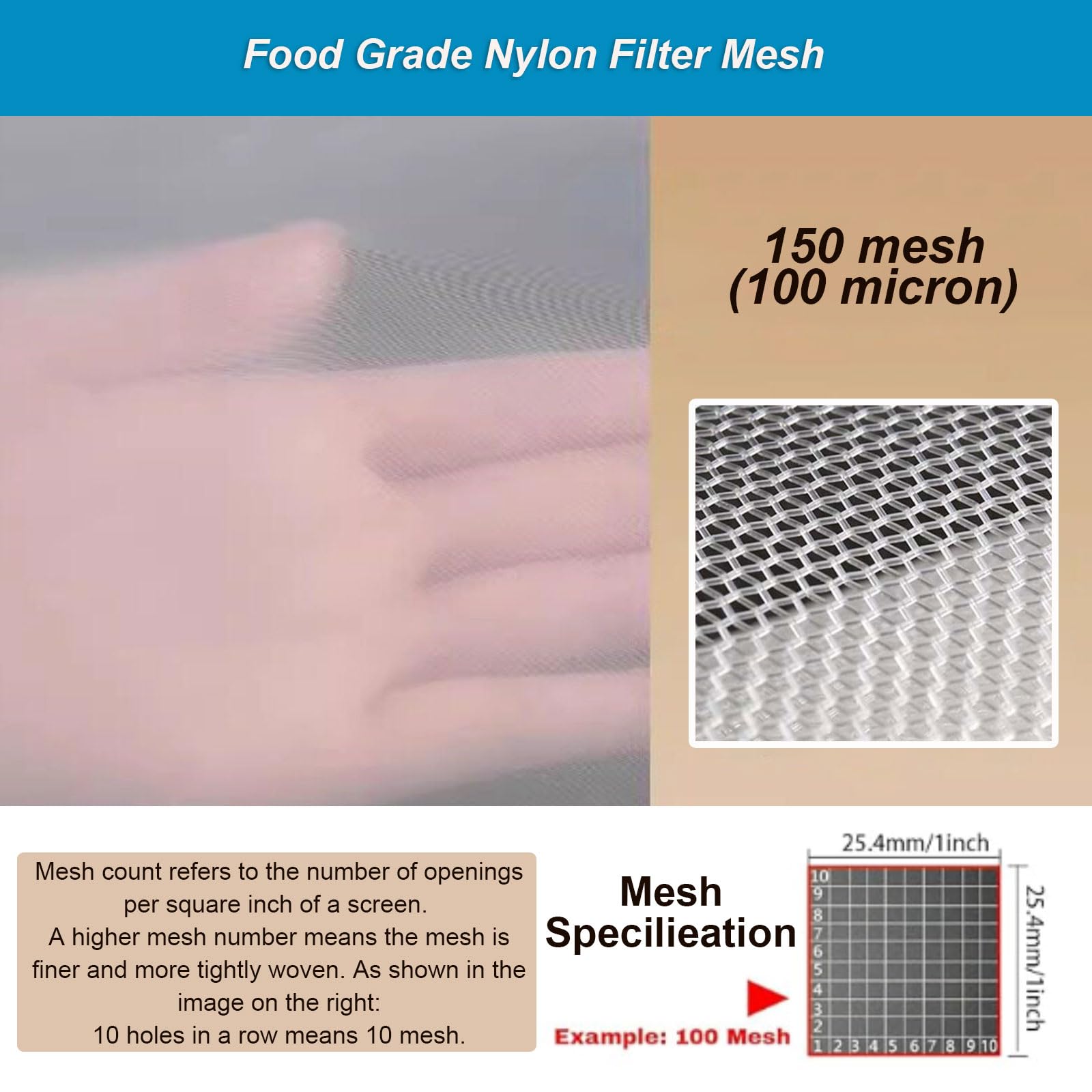 Tela de Filtro de Malla Nailon Fina 150 mesh 1x5m Alimentario Industrial para Pintura Agua
