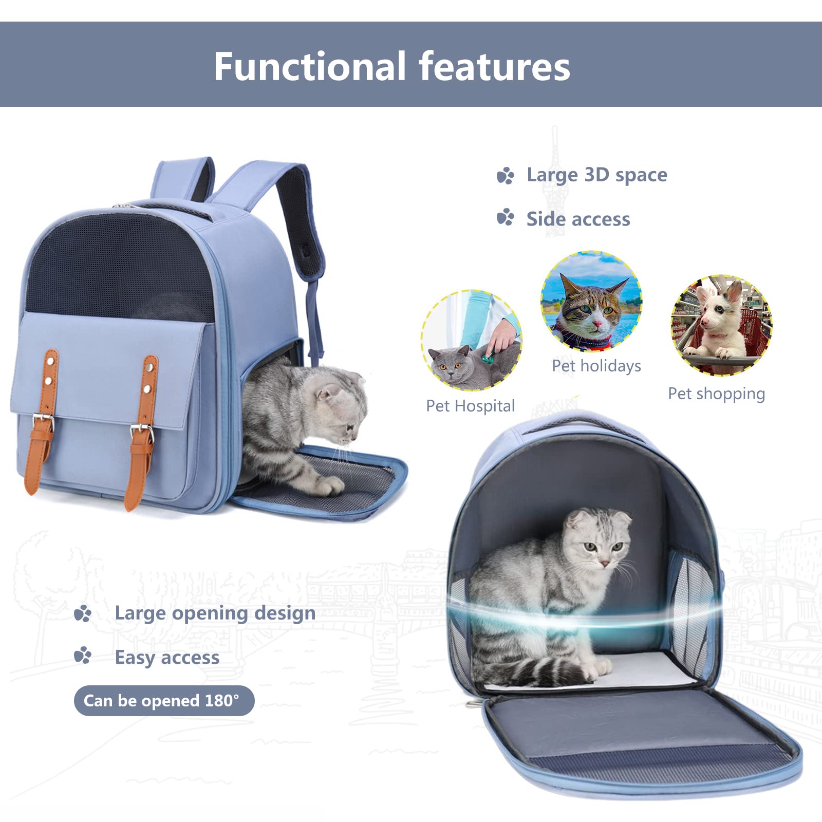 PETCUTE Zaino per Cani Gatti,Trasportino Zaino Porta Cane con Design Ventilato,Tappetino Rimovibile,Borsa Trasporto Morbido per Animali,Zaino Per Animali Domestici con Cintura di Sicurezza Interna