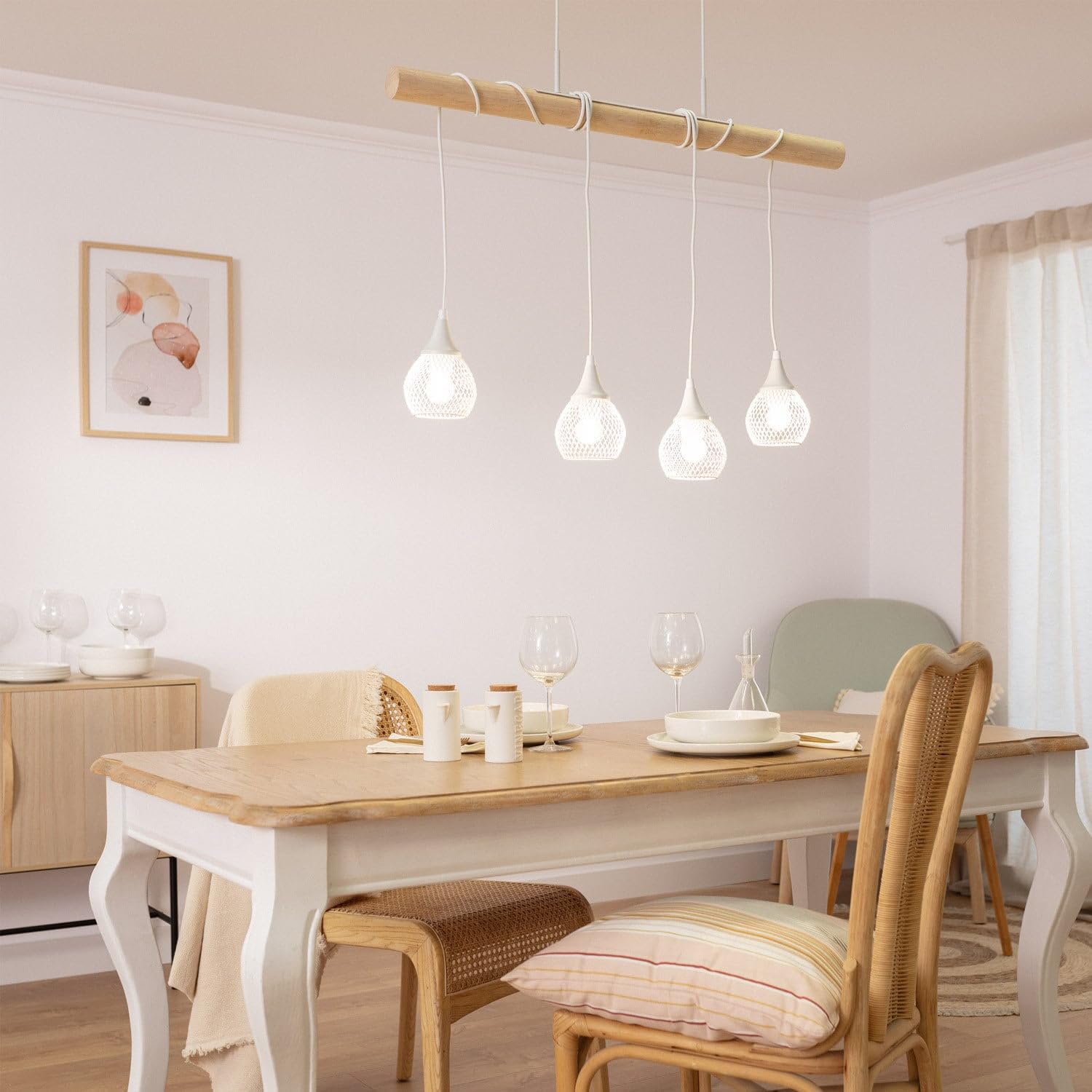 LEDKIA Lampada a Sospensione Legno e Metallo Monah Bianco | Design Nordico | Altezza Regolabile | Per Cucina, Soggiorno, Camera | Compatibile con E27 40W | Tris Lampadari