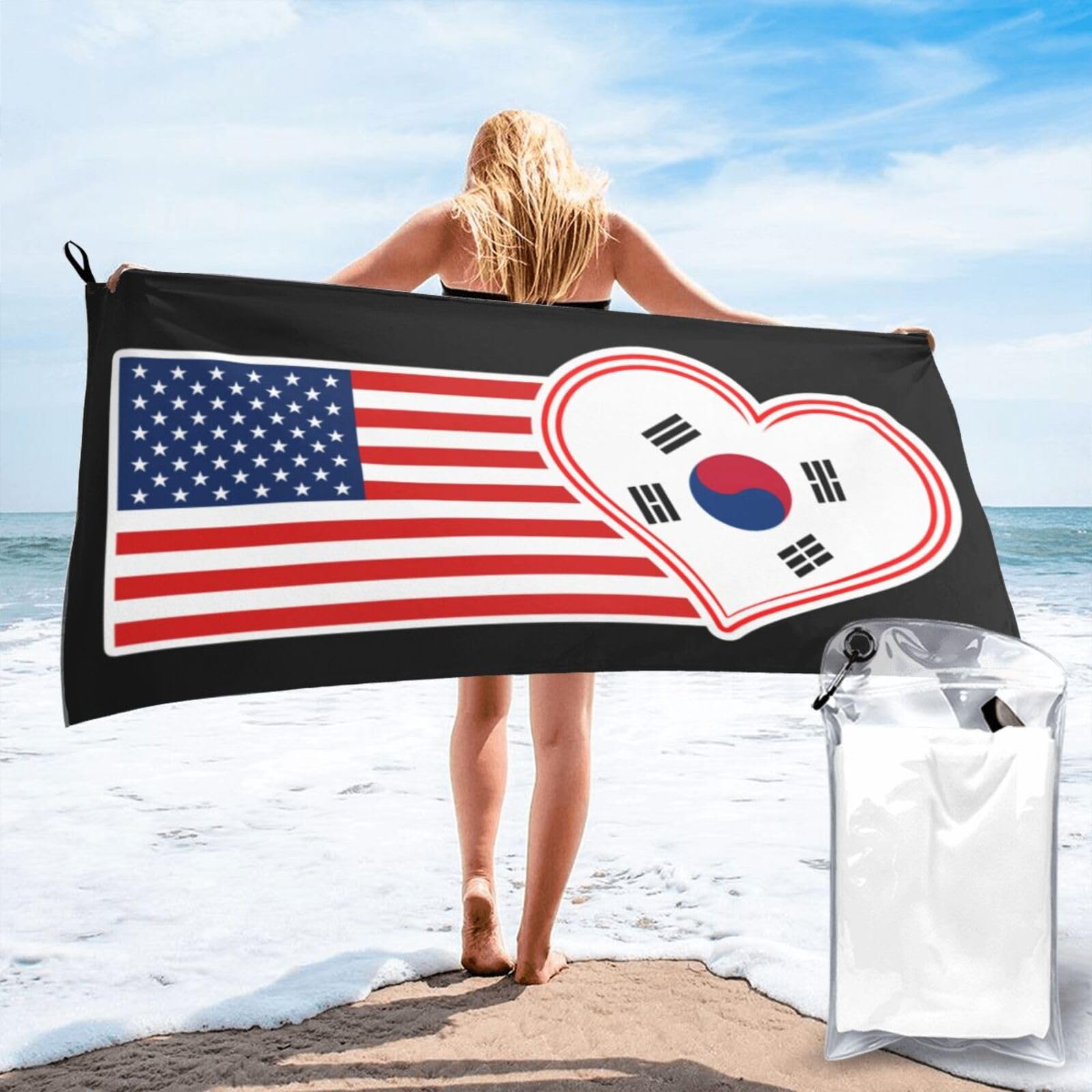 Serviette de plage portable drapeau américain et coréen pour le camping