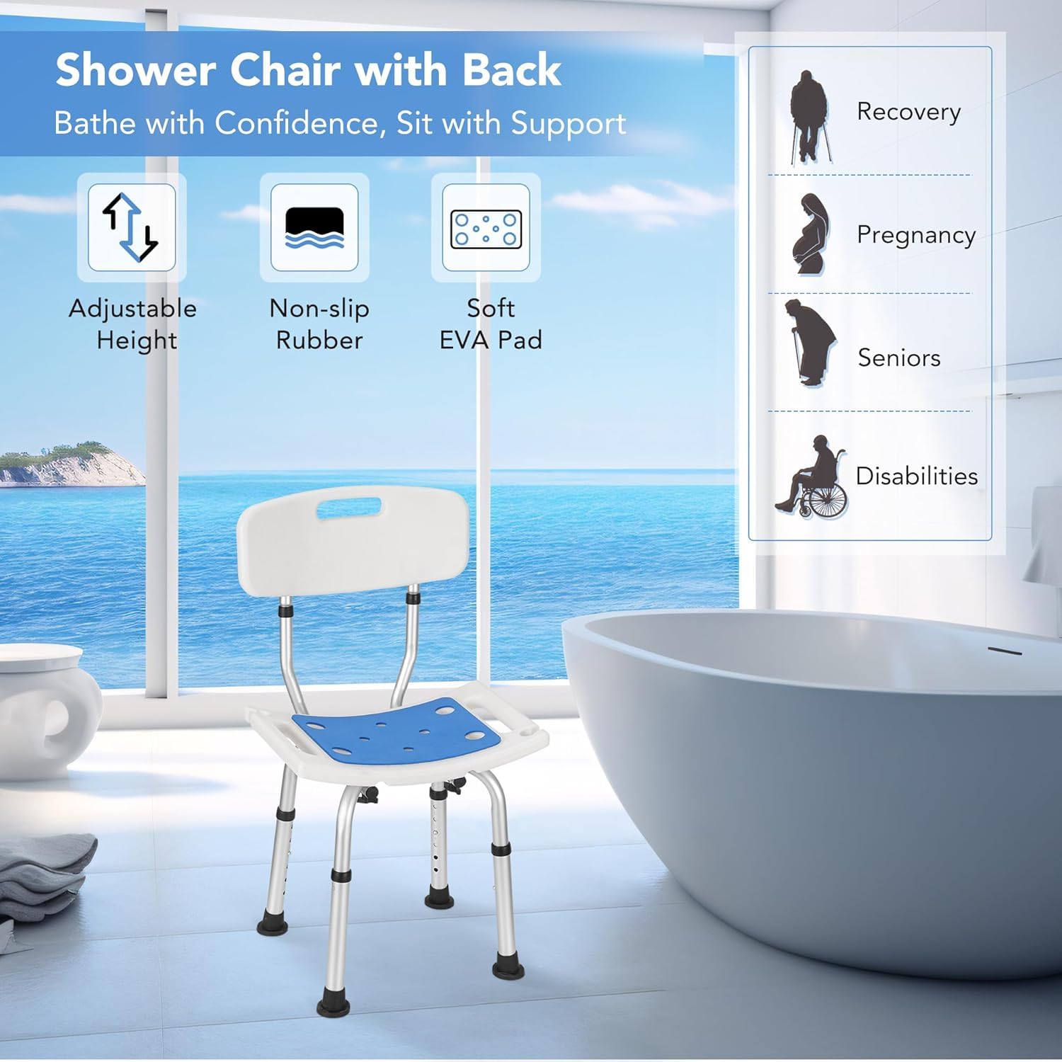 Careboda krzesło prysznicowe, 6 wysokości, montaż bez użycia narzędzi | Alum bath chair, 6 ht tool-free, soft cushion, non-slip, 136kg, elderly/pregnant/disabled.