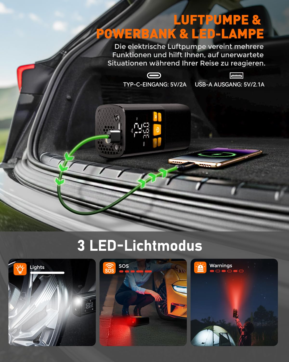 NEVERLAND Elektrische Luftpumpe Akku Kompressor, 10,3Bar/150 PSI, 16000mAh, tragbare Fahrradpumpe mit Auto-Stopp, Manometer, LED-Licht & Powerbank, für Auto, Motorrad, Fahrrad und Bälle
