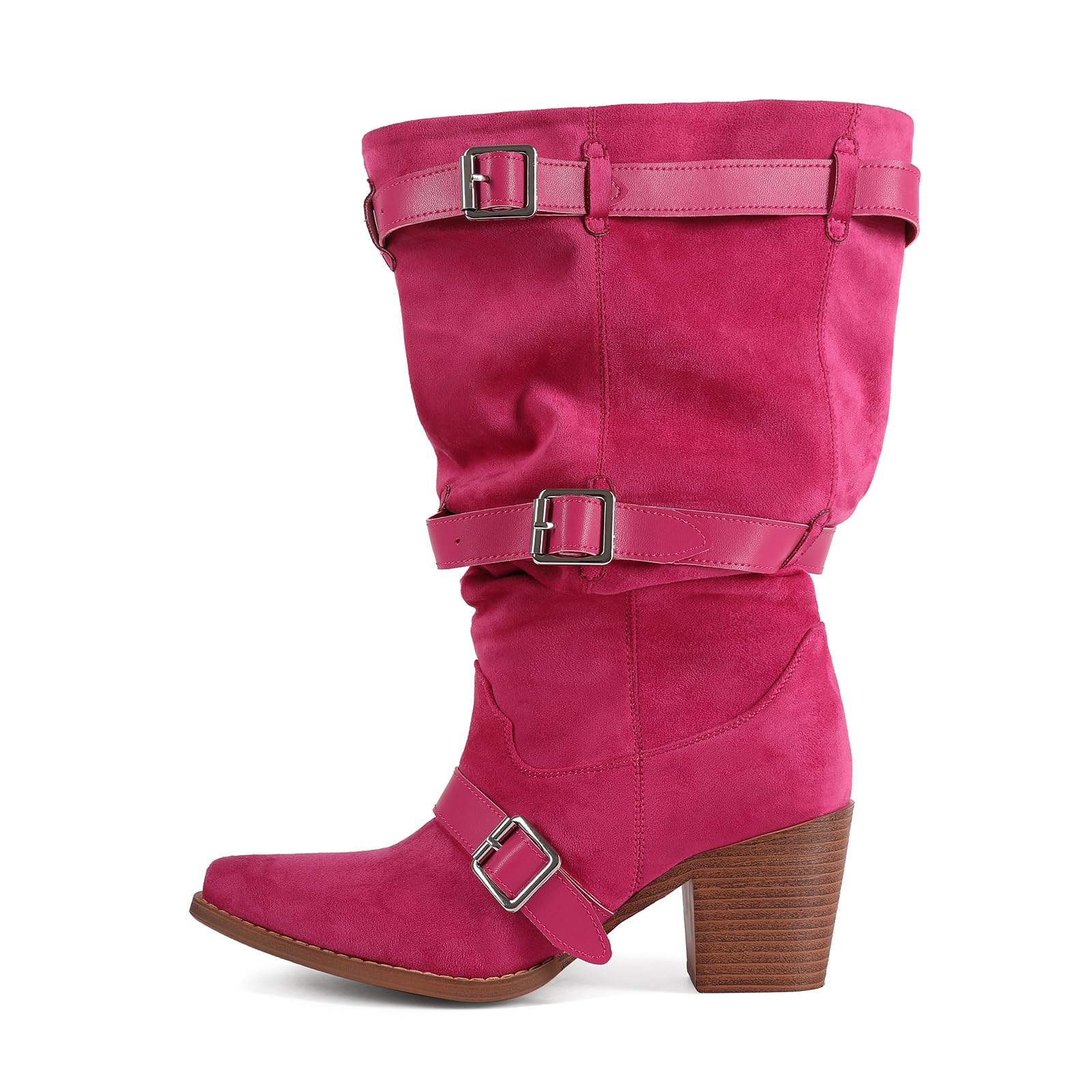 Women Wide Calf Boots with Buckle Strap Slouchy Chunky Heel Western Cowgirl Boots Knee High Boots