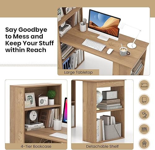 Miniatura 7 de Escritorio para computadora de 48 pulgadas con estantería, escritorio de estudio reversible con estantes de almacenamiento y soporte para CPU,