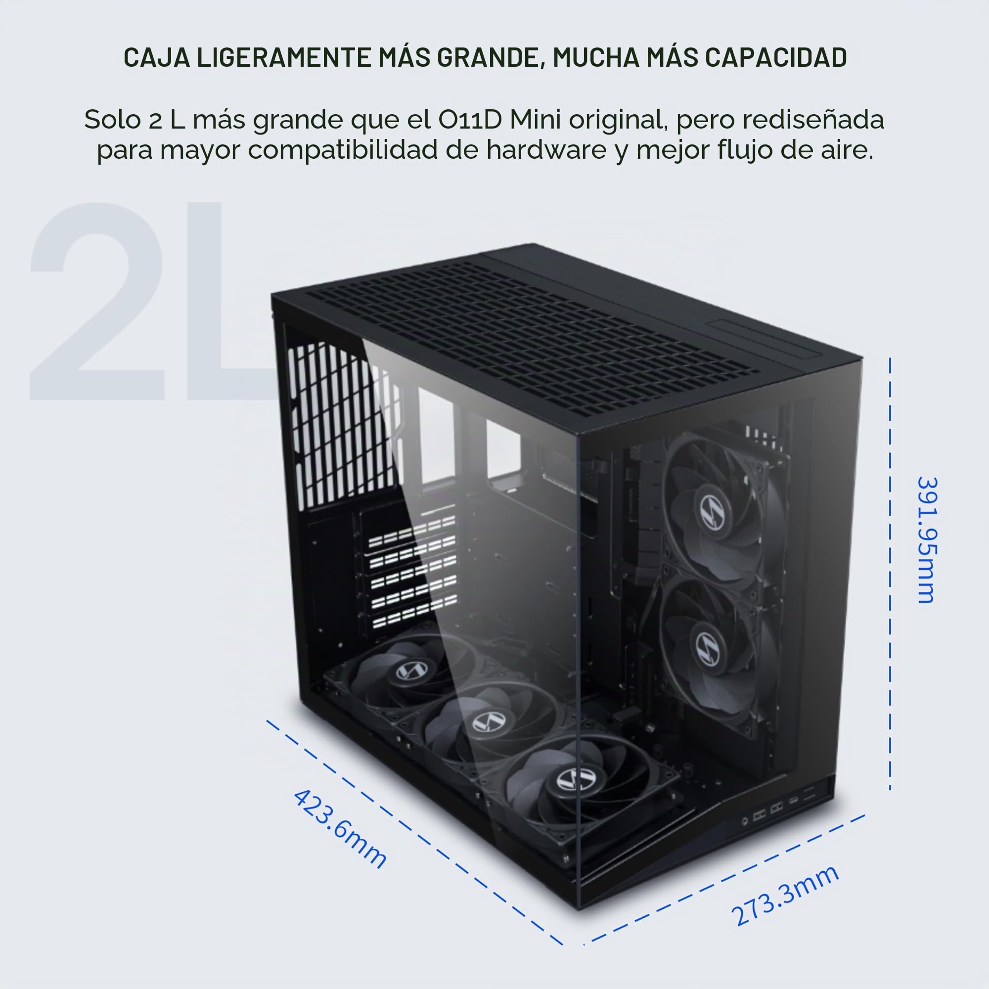Lian LI O11D Mini V2 Flow O11DMIV2FX Caja compacta ATX Media Airflow Vista panorámica Flujo de Aire de Alto Rendimiento Incluye 5 Ventiladores de Hoja inversa de 120 mm Gestión de Cables