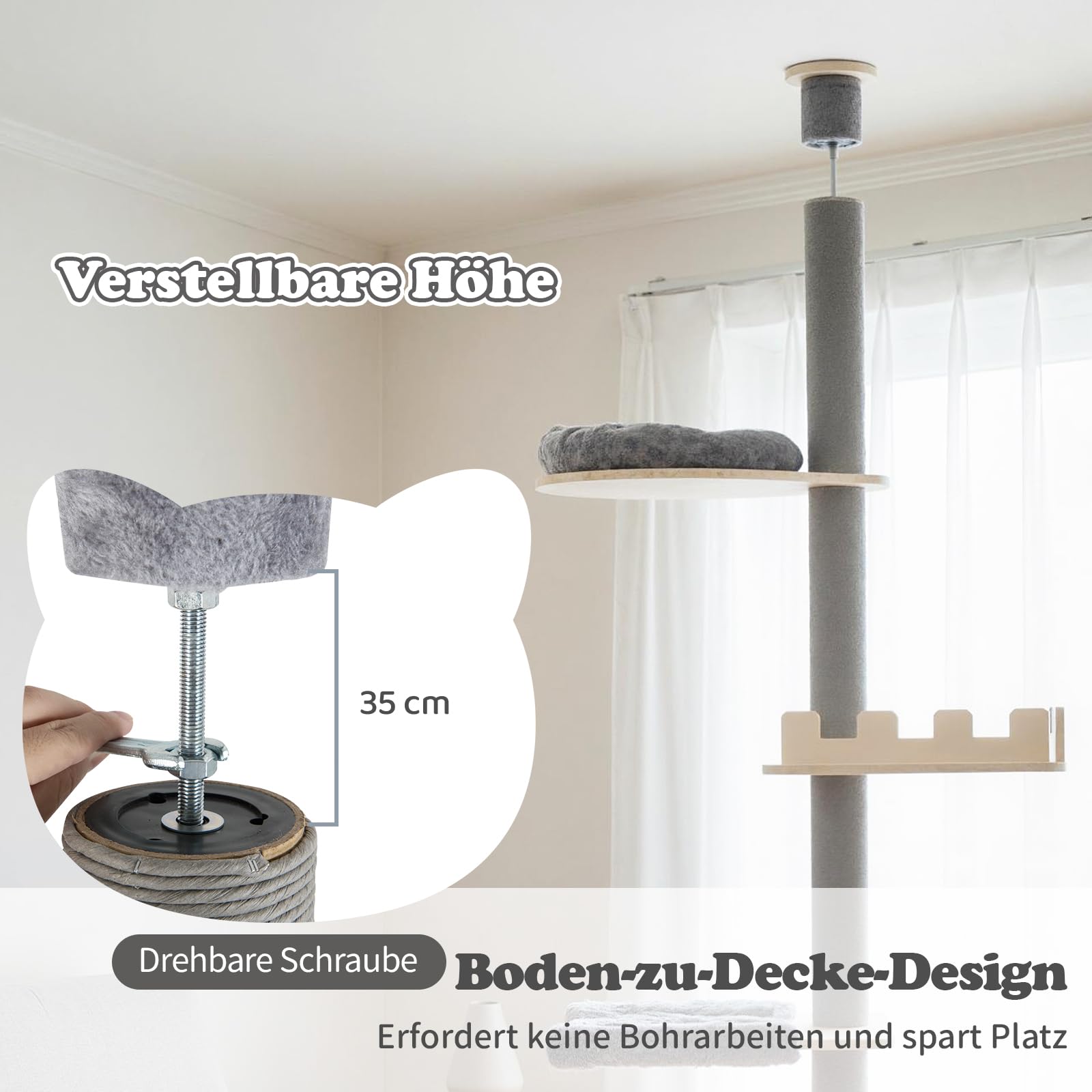 COSTWAY Kratzbaum deckenhoch, 236-271 cm, von Boden bis Decke, 5-stöckiger Katzenbaum, Dicke Stämme, Katzenkratzbaum hoch, Kletterbaum mit Hängematte & Korb & Bett, Katzen Katzenmöbel Holz, Grau