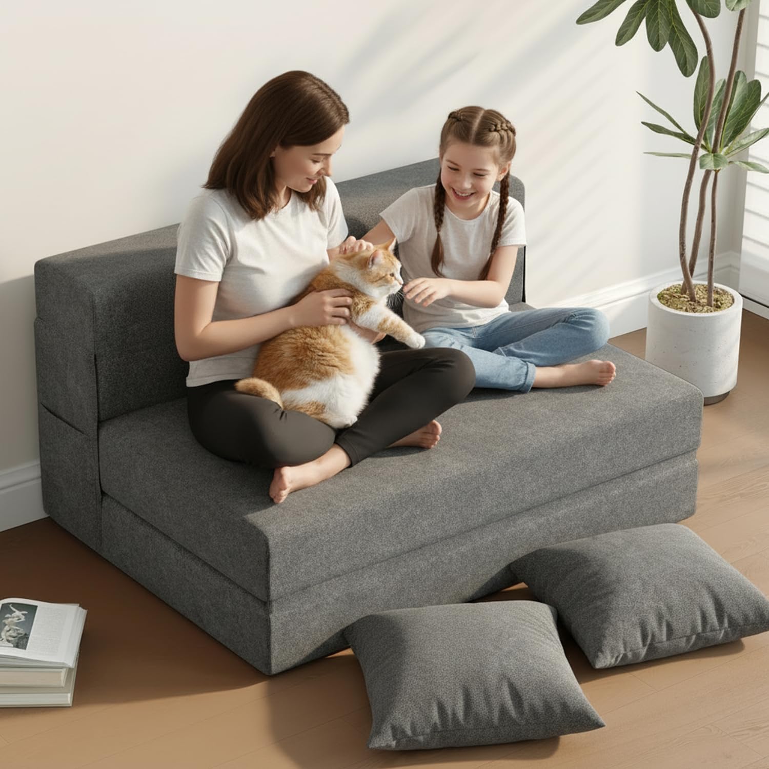 Schlafsessel mit Bettfunktion, 5 in 1 Klappbar Schlafsofa 99 cm Breit Bettsofa mit Kissen & Seitentaschen, Bodenmatratze für Wohnzimmer Schlafzimmer Büro Gästezimmer, Dunkelgrau