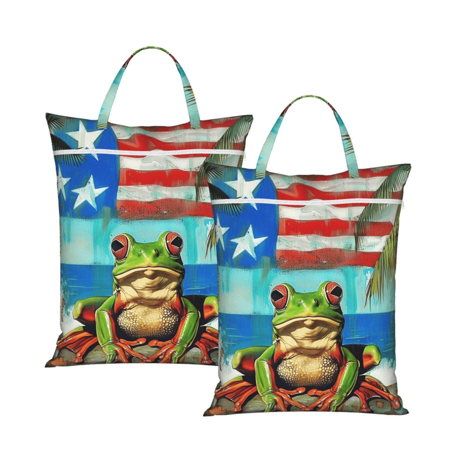 Large Travel Laundry Bags,Puerto Rico Flag Frog Palm Trees Print with Handle Foldable Laundry Bag for Holidays Gym Swimming and Family Trips, 2Pcs