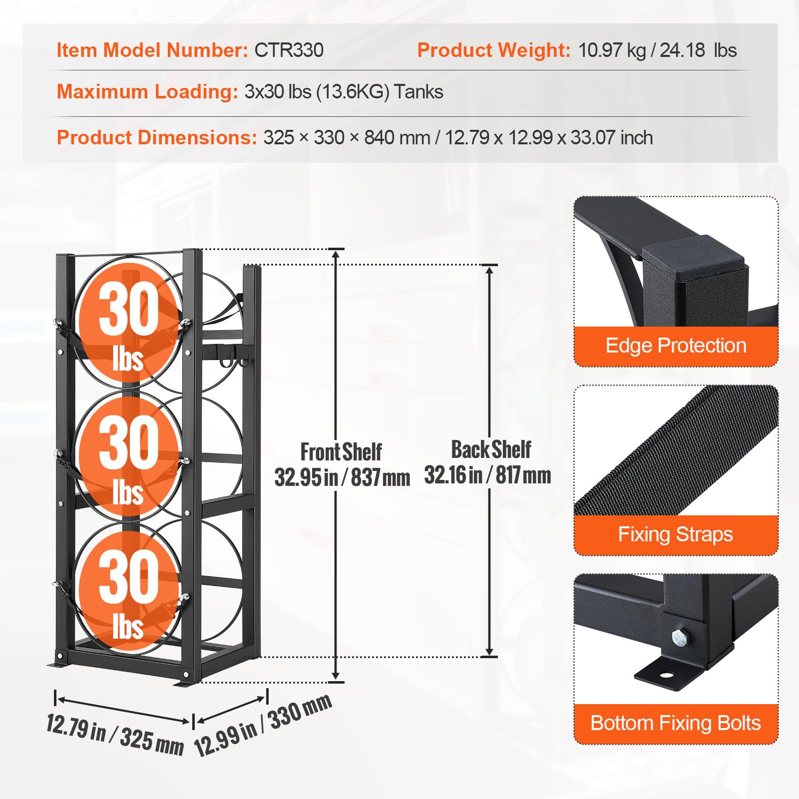 VEVOR Estante para Botellas de Gas Capacidad de 3 x 13,6 kg Soporte para bombonas de refrigerante 32,5 x 33 x 84 cm estantería de Acero Macizo A3 para freón, Gas, oxígeno, nitrógeno, refrigerante