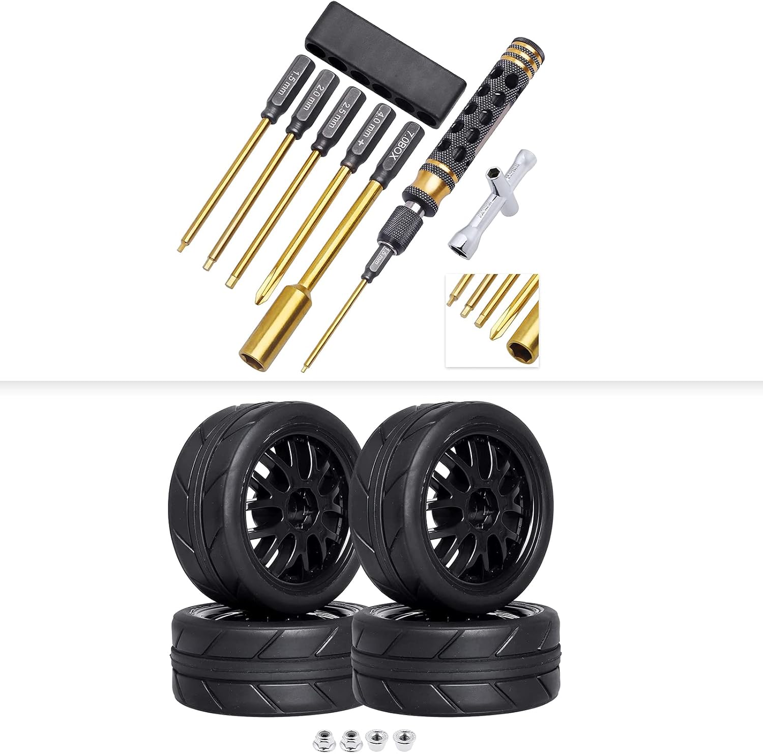Pre-Glued 1/10 RC On Road Tires & 12mm Hex Wheels Set & RC Hex Nut Driver Phillips Bits for 1/10 RC Drift Touring Car