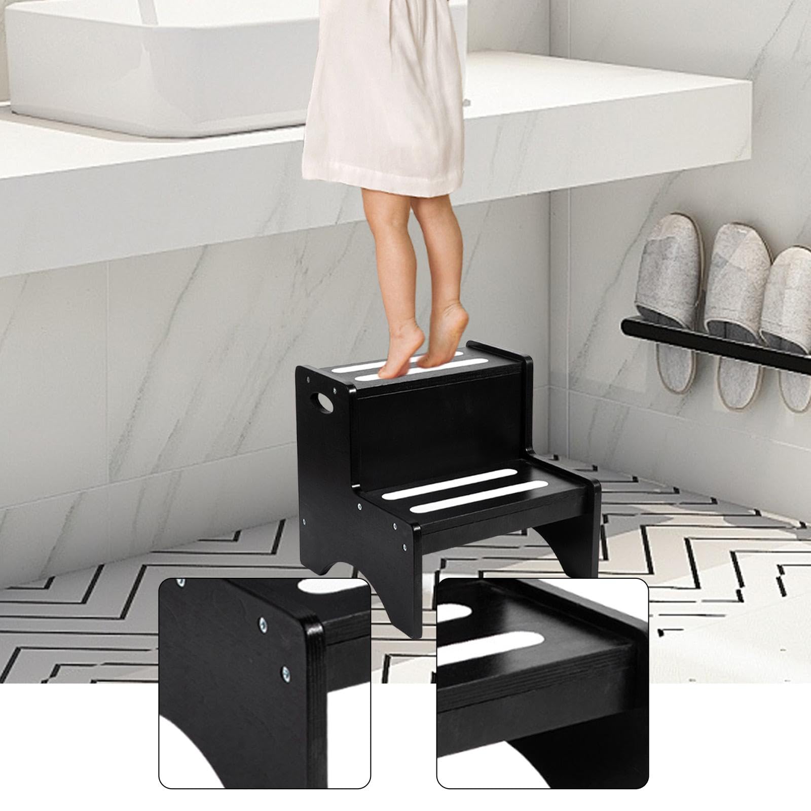 Gralara Sgabello a 2 gradini per bambini con maniglie, poggiapiedi da cucina, leggero, versatile, antiscivolo, per il bagno, Nero