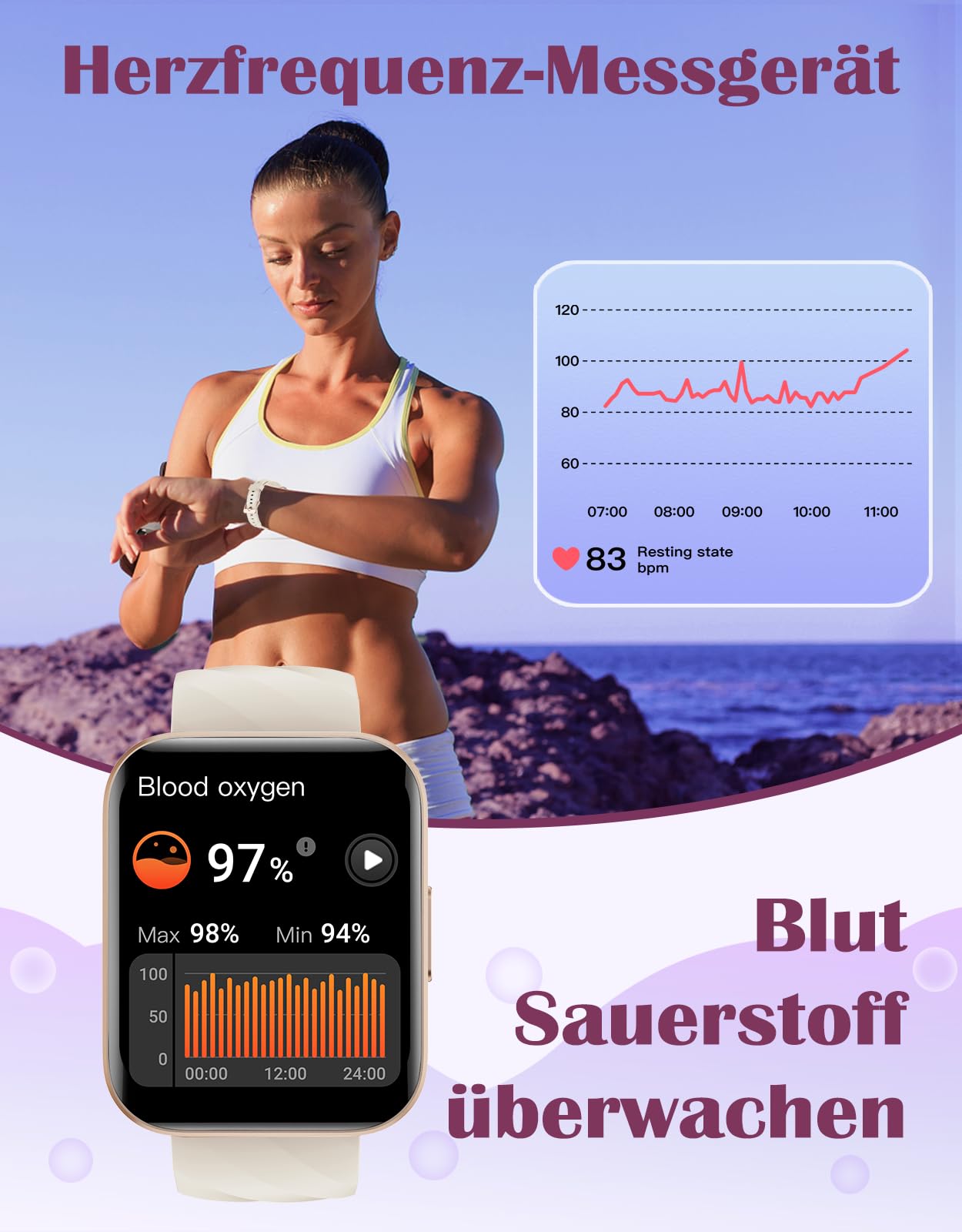 Smartwatch für Damen Herren Bluetooth-Anruffunktion 1.85" HD Fitnessuhr | 100+ Sportmodi,SpO2 Pulsmesser Schlafmonitor Schrittzähler,IP68 Wasserdicht Sportuhr,KI-Sprachassistent für Android iOS Handy