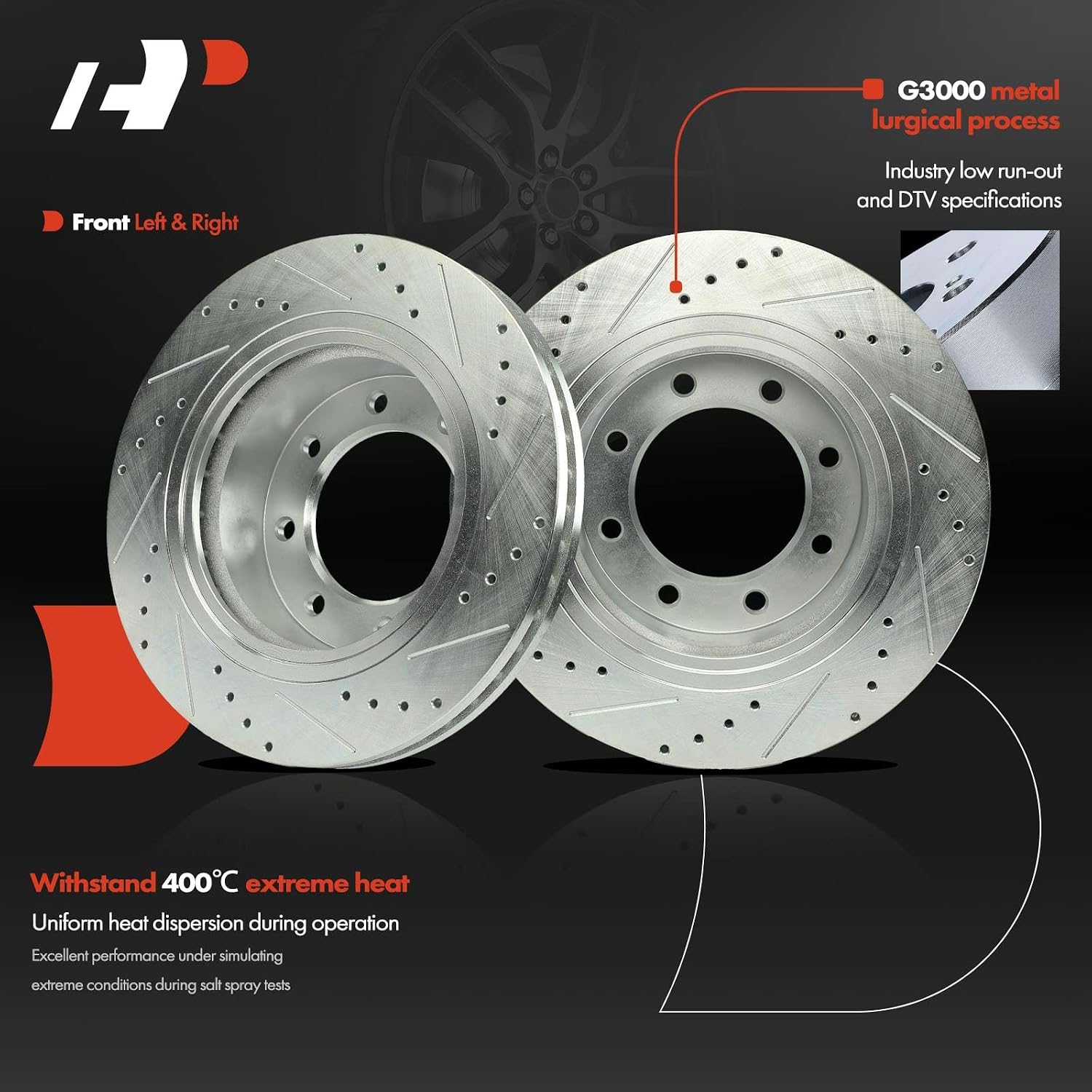 A-Premium 14.15 inch (359.5 mm) Front Drilled and Slotted Disc Brake Rotors + Ceramic Pads Kit Compatible with Select Nissan Models - NV1500 2012-2021, NV2500 2012-2021, NV3500 2012-2021, 6-PC Set