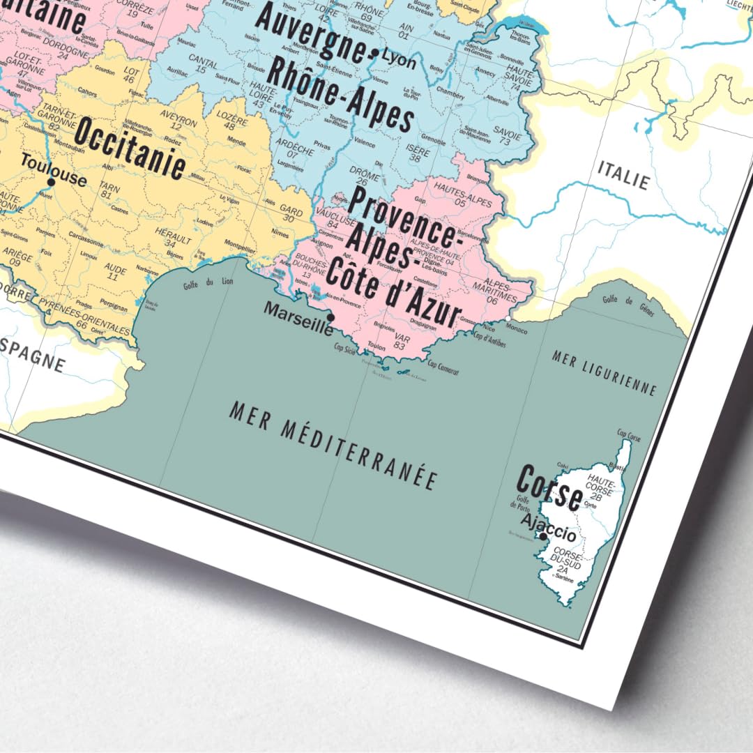 Carte de France Murale - Carte Administrative - Régions - Modèle Vintage - Poster Plastifié 100x100CM