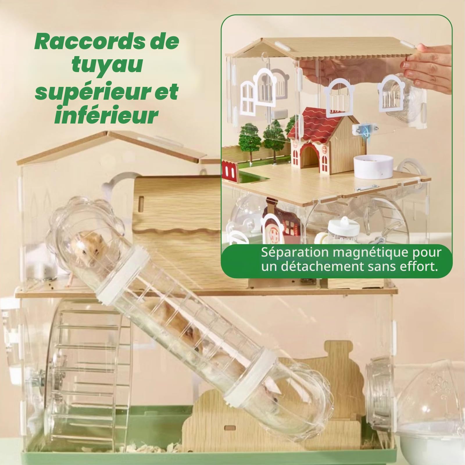 Cage pour hamster 12 en 1 en acrylique design jardin 35 × 26 × 37 cm – Transparente, à plusieurs étages, avec villa en bois, roue, tunnel, gourde, bain et accessoires de jeu (2 niveaux)