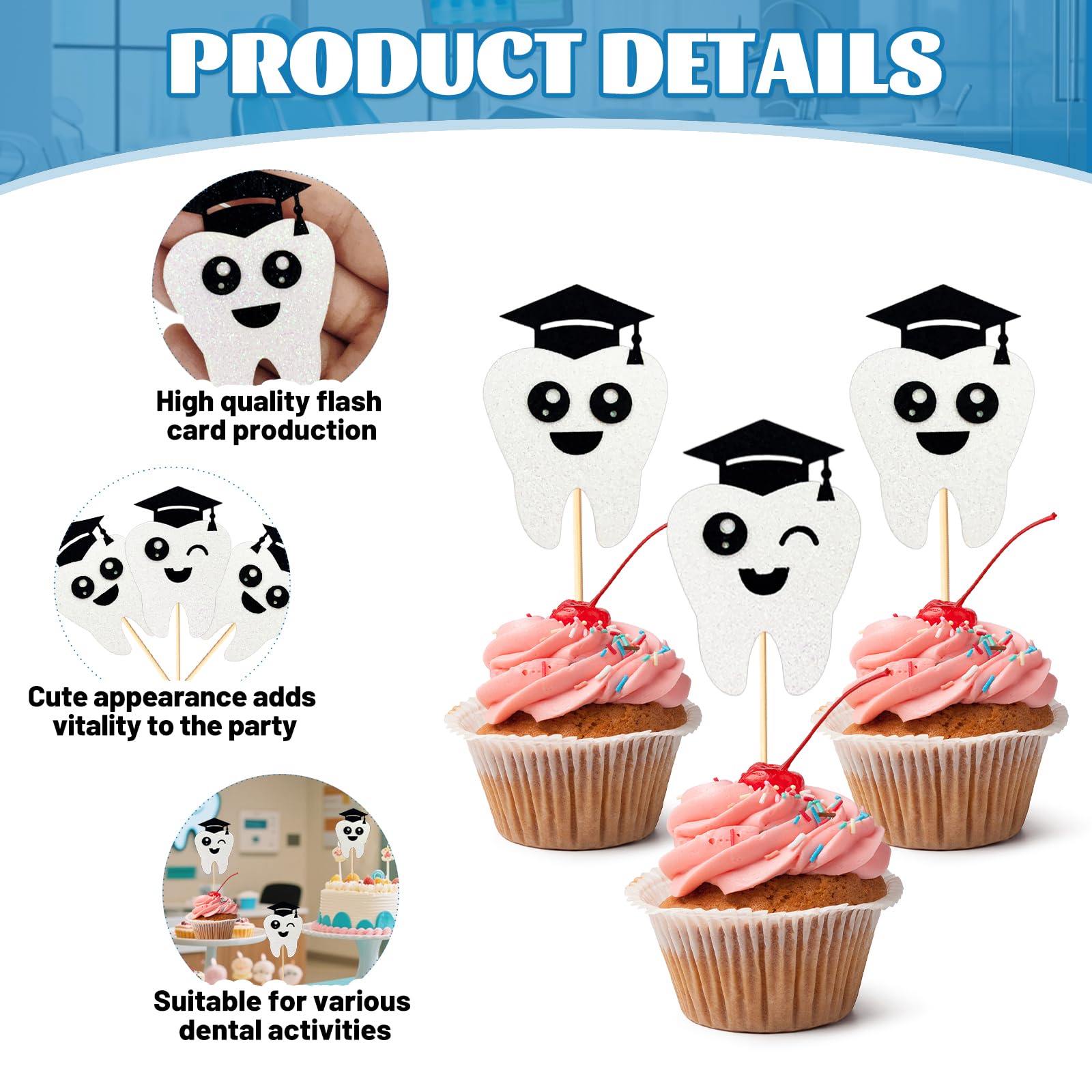 24 Pcs Congrats Dentist Graduation Cupcake Toppers, 2 Glitter Tooth Designs with Cap - Image 3