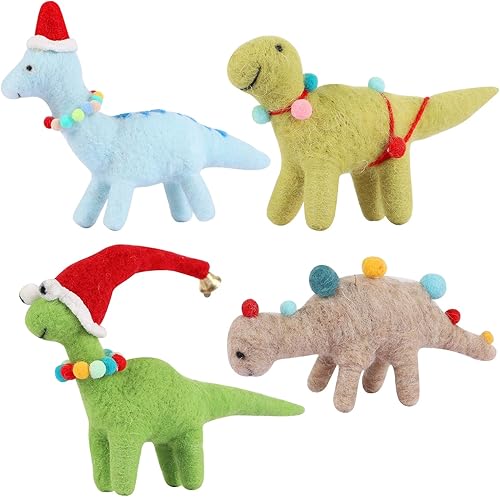 Vista 8 de Juegoal Juego de 4 adornos de dinosaurio de fieltro de Navidad, decoración colgante de lana de Navidad, manualidades de animales, decoración