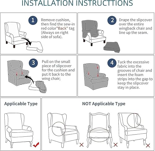 Miniatura 7 de FUANGUI Funda elástica para silla con respaldo de ala, 2 piezas, fundas impresas para silla de ala con funda de cojín, tela de elastano, funda de