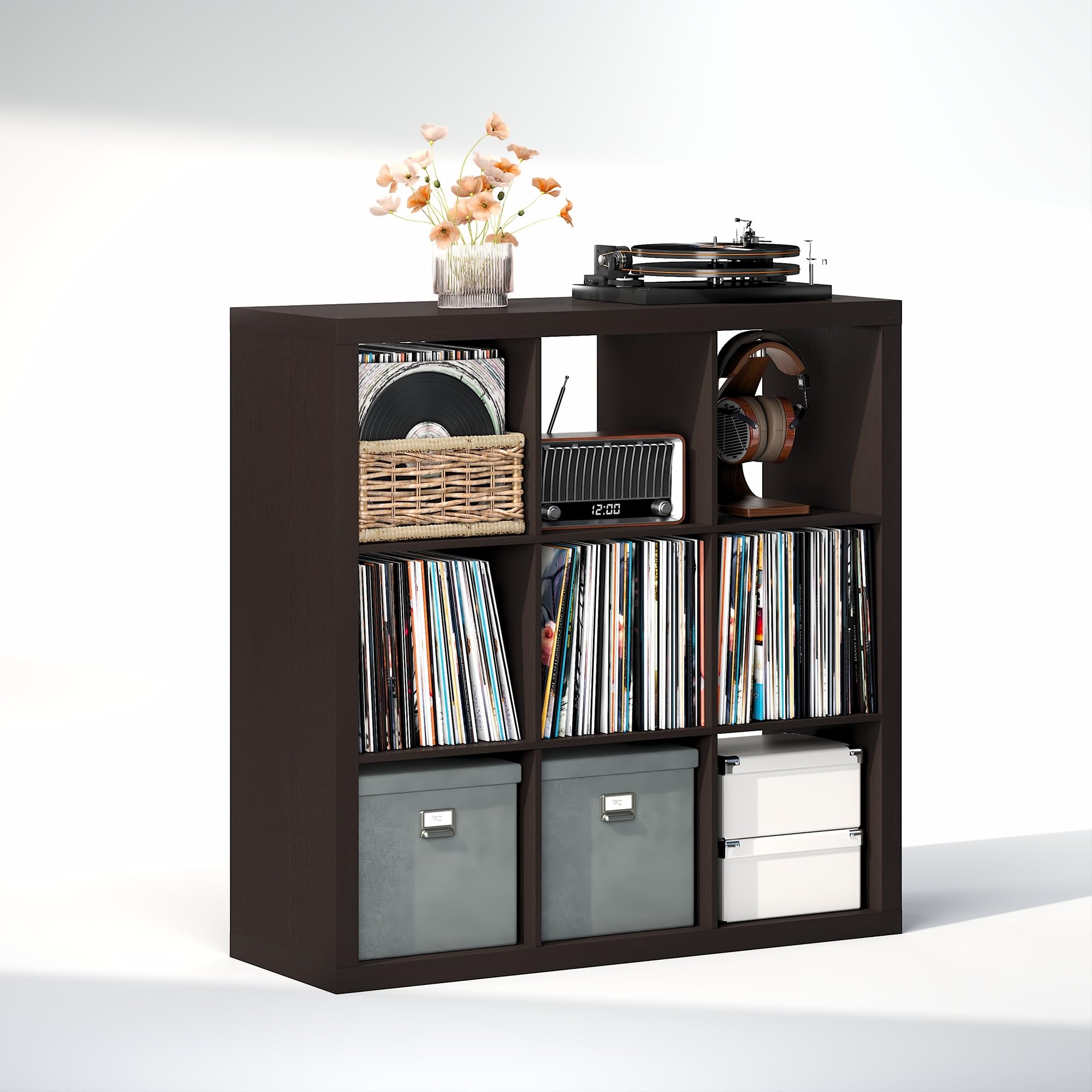 Furinno CUBICLE Mobile per Giradischi con Raccoglitore per Vinili, 9-Cube 1.8 Triplo Spessore Raccoglitore per Dischi in Vinile, Scaffale Multimediale per CD DVD Dischi, Rovere Scuro Nero