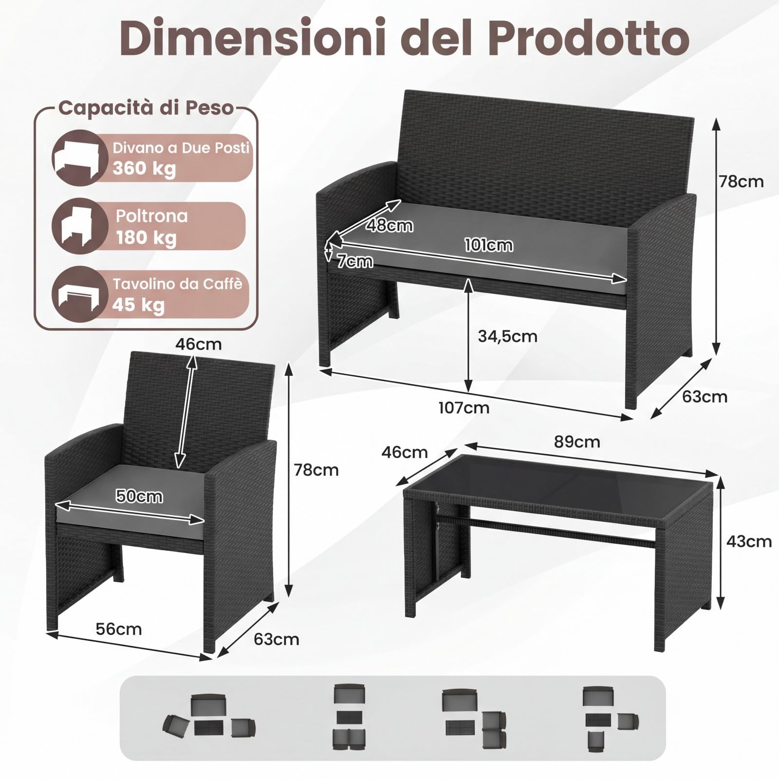 COSTWAY Set Salotto da Giardino 4 Pezzi, Divanetto e Poltrone in Rattan con Tavolino da Caffè in Vetro Temperato, Grigio