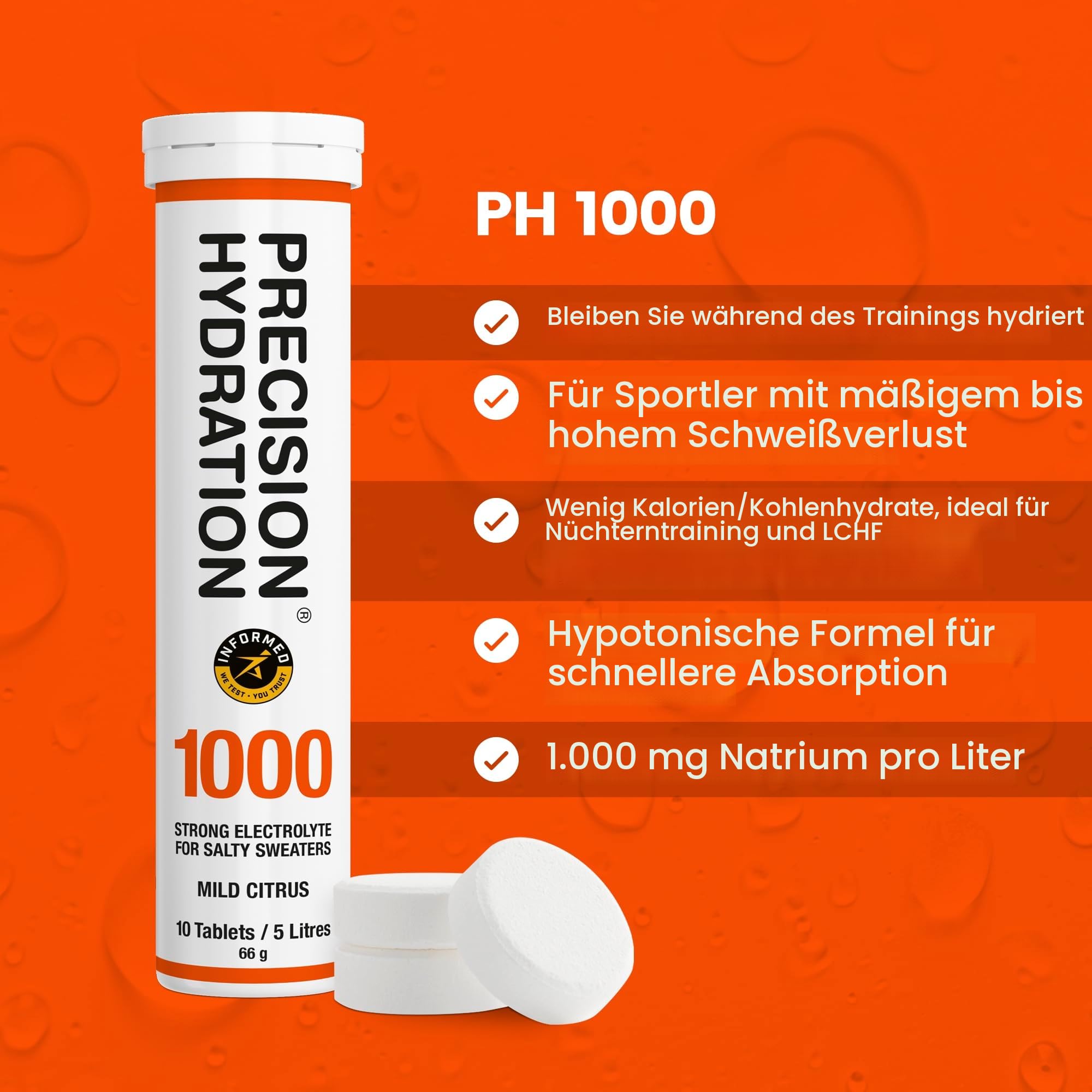 Precision Hydration Elektrolyt-Tabletten - Mehrstufige efferveszierende Hydrationstabletten - Bekämpft Krämpfe - Kalorienarm, glutenfrei, vegetarisch freundlich (1 Tube, 1000 mg/L - Orange Tube)