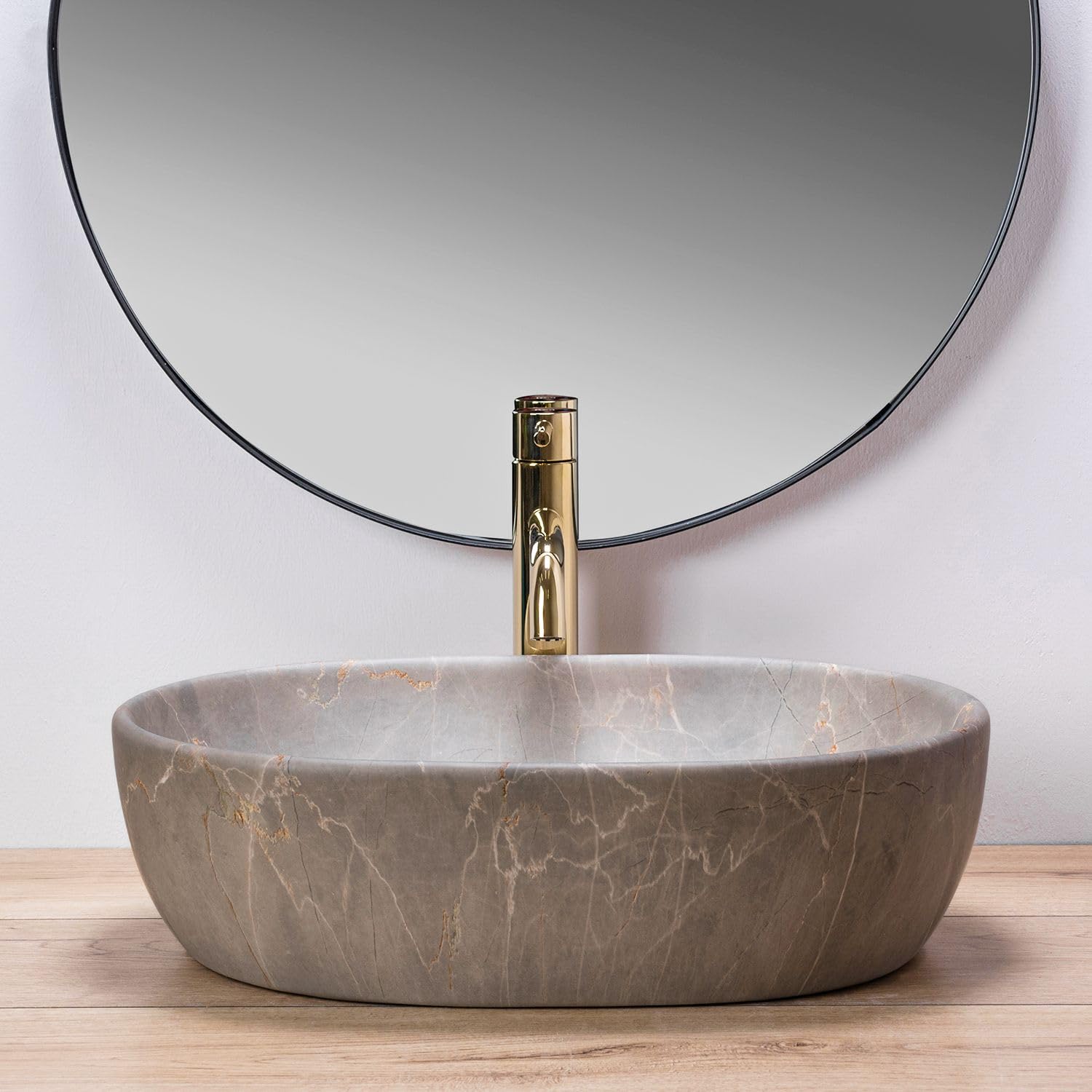 Rea - Lavabo Da Appoggio Lara Beige Lavabo Bagno 485 X 350 X 135 mm In Ceramica (Marrone, Imitazione Marmo)