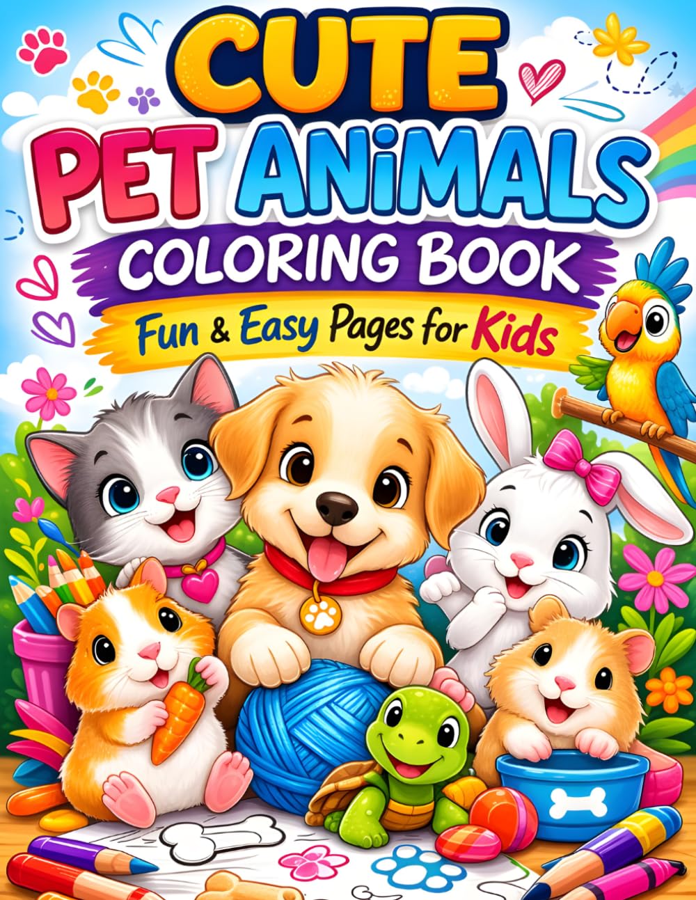 Cute Pet Animals Coloring Book for Kids: A Fun Coloring Adventure with Cute Dogs, Cats, Hamsters, and Other Favorite Pets