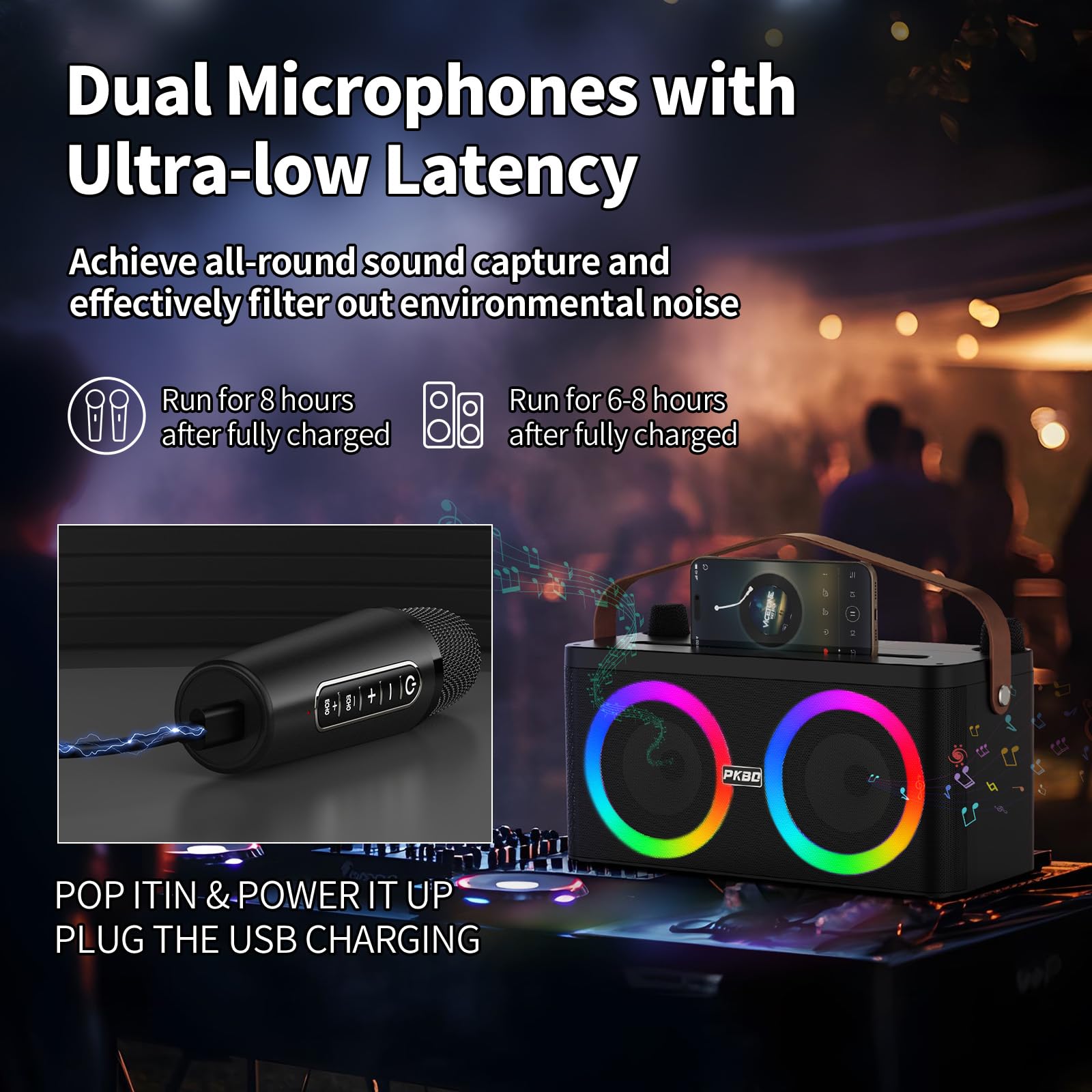 PKBD Machine de Karaoké avec Support pour Téléphone/Tablette, Système de Karaoké Portable avec 2 Microphones sans Fil/Lumières LED/Système de Sonorisation pour Fête à Domicile, Cadeaux d'anniversaire