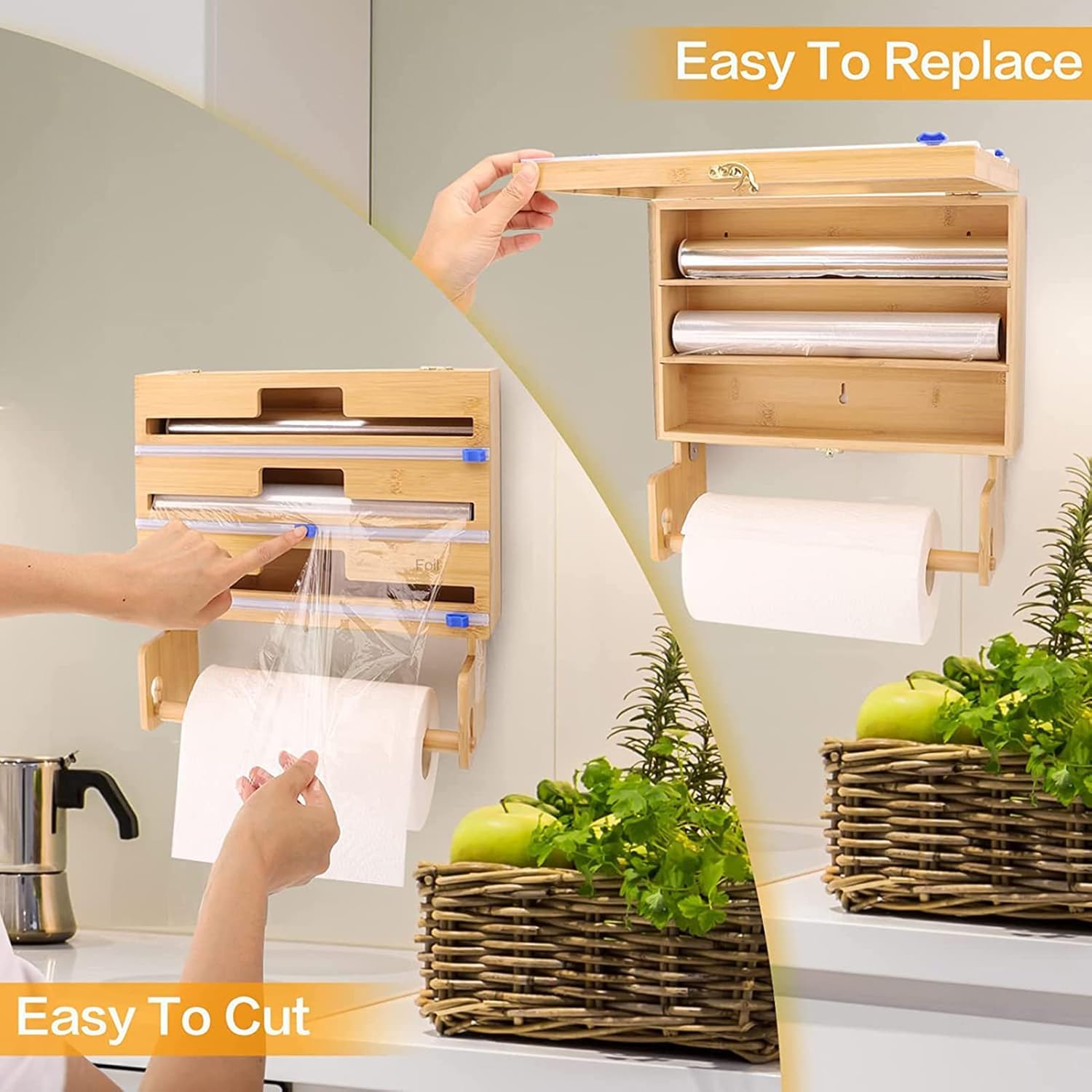 Distributeur de film plastique avec cutter, organiseur 4 en 1 pour papier d'aluminium et papier essuie-tout, solution de rangement et d'organisation de cuisine en bambou, style 2