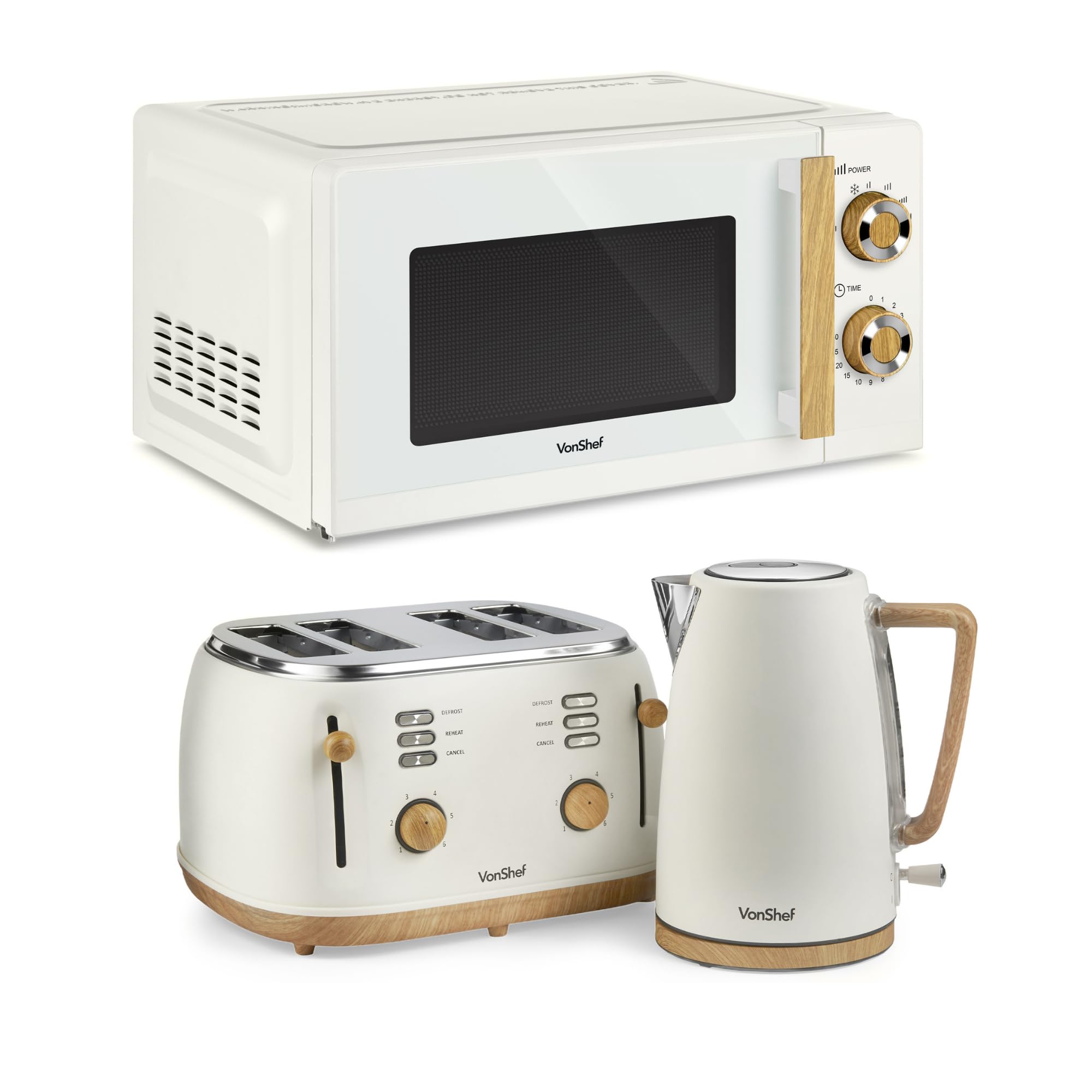 VonShef Microwave Kettle Toaster Set – Scandi Kitchen Set, 1.7L Nordic Rapid Boil Kettle, Wide Slot Toaster 4 Slice with 6 Browning Controls, and 20L Microwave with 6 Power Levels – Fika Range, Cream — image 1