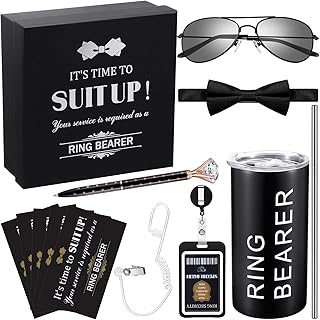 12 Pcs Ring Security Wedding Ring Bearer Gift Include Groomsmen Gift Boxes, Bow Tie, Badge, Sunglasses, Card, Earpiece Tube, Ring Security Tumbler, Diamond Pen, Groomsmen Proposal Box for People Over 6+