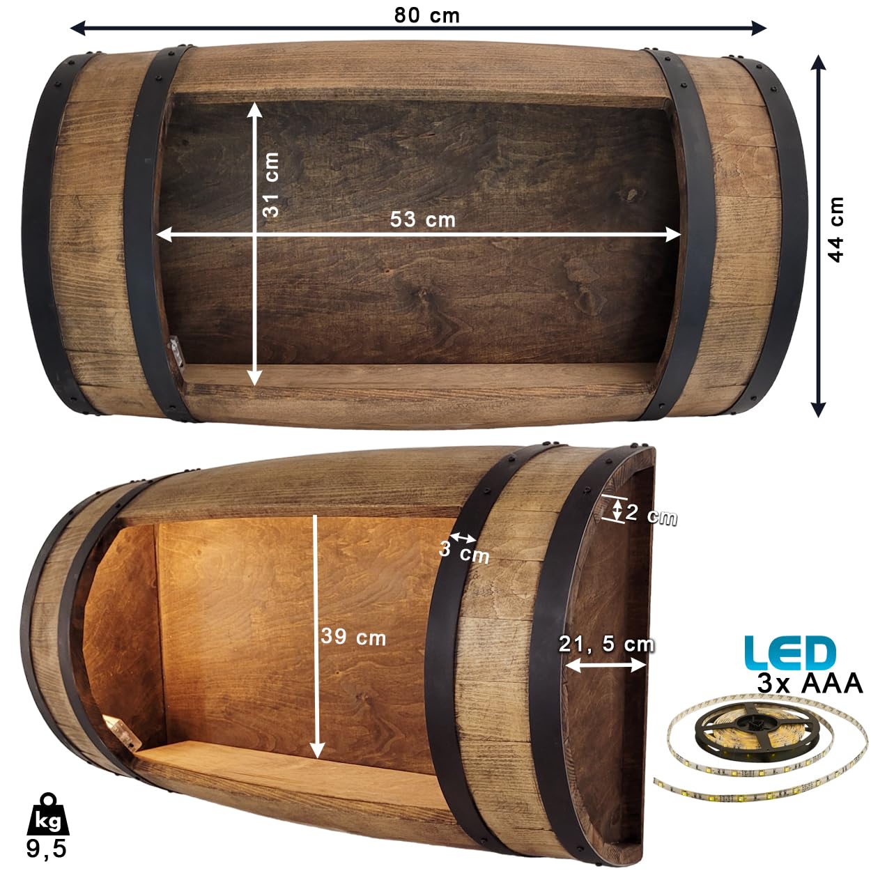WEECO Estante flotante de madera en forma de barril con mini bar montado en la pared LED, Estante colgante para botellas de alcohol, Barril de madera colgante, Muebles en forma de barril, Estantes de