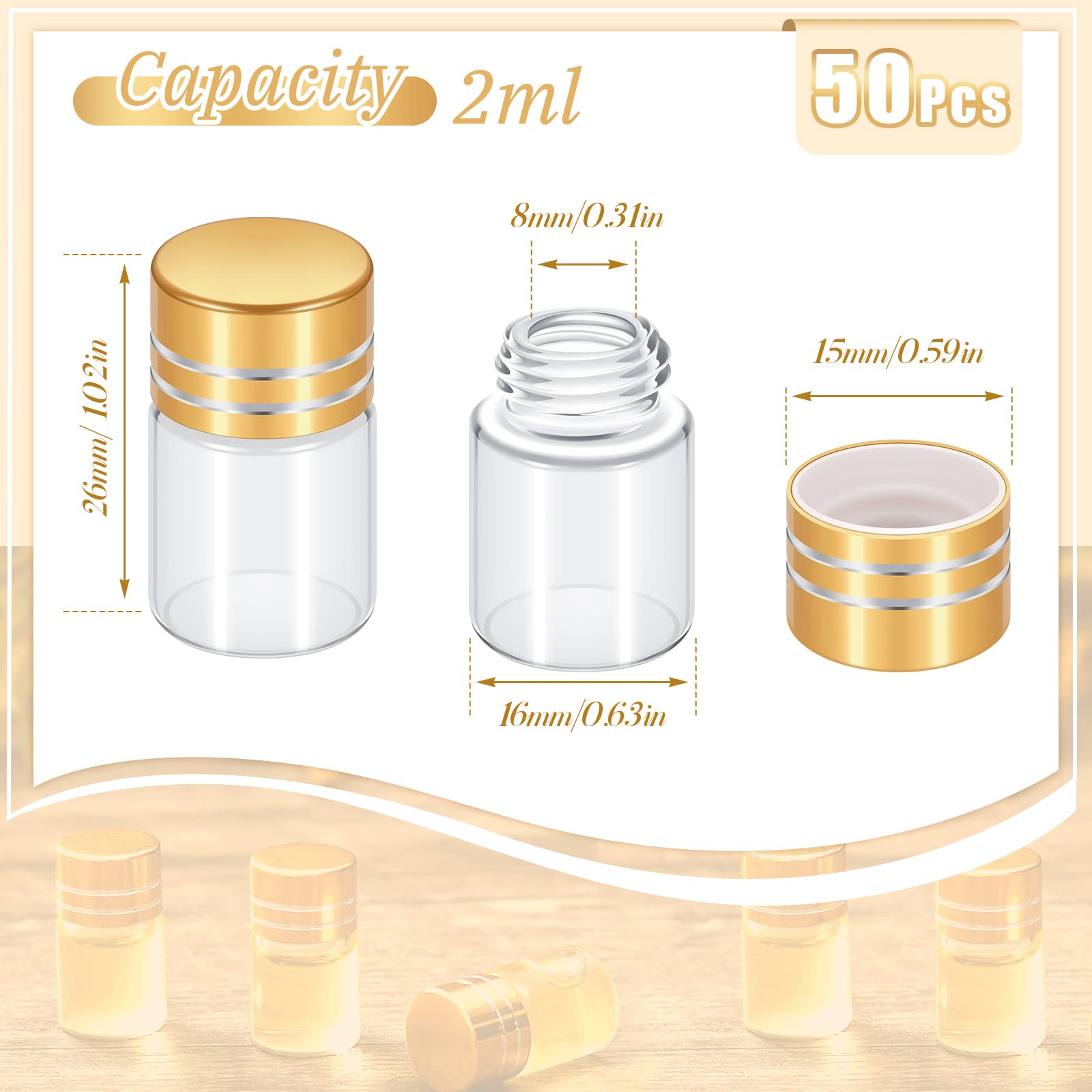 Didaey 50 Pcs Mini Glass Bottles with Screw Caps 2ml Tiny Glass Vials Small Clear Jars Empty Wishing Gift Bottles Jars Tiny Vials Containers for DIY Storage Art Craft Decor (Gold)