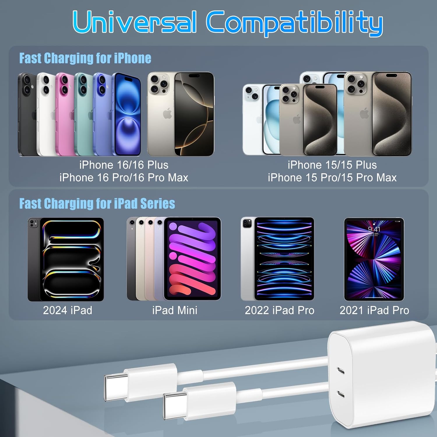Dual Port USB C Charger for iPhone 17 16 15,Quick Double Type C Charger Fast Charging Block,2Pack Apple Wall Power Adapter Plug,6FT USB C Cable for iPhone 17/17 ProMax/17 Air/16 Pro/16e/15 Pro/15 Plus