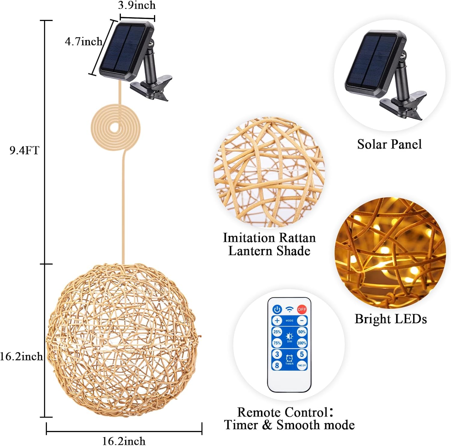 Solar Pendant Lights Farmhouse Chandelier - 16.5" Outdoor Rattan Solar Hanging Lights Ball with Remote 2 Modes Lighting Waterproof Rattan Lantern Lighted Orb for Garden Porch Patio