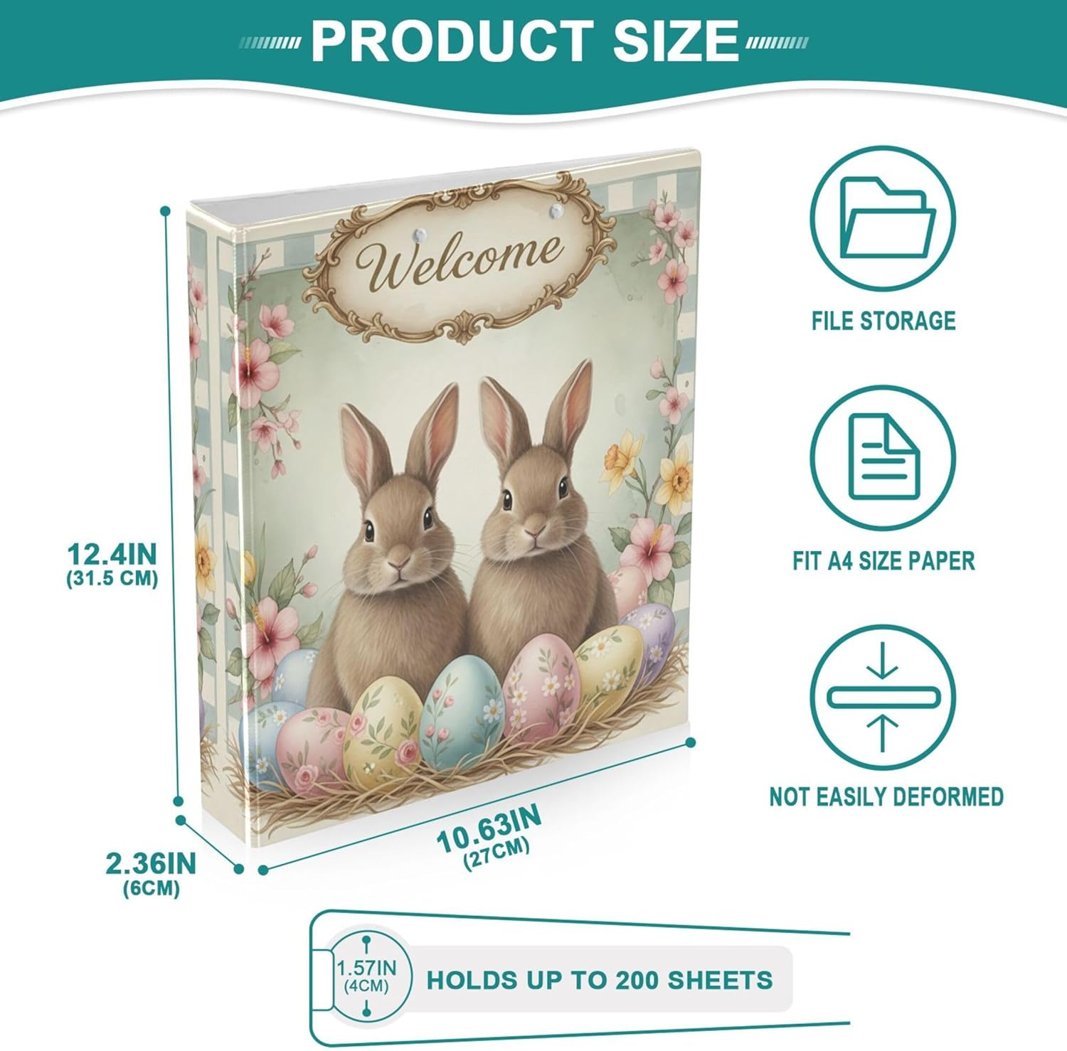 Cartoon Easter Bunny Eggs 3 Ring Binders, 1.5” Round Ring Binders with Clipboard - Letter Size, 3 Interior PVC Clear Pockets & Anti-Slip Clip for Office School Supplies, 2PCS