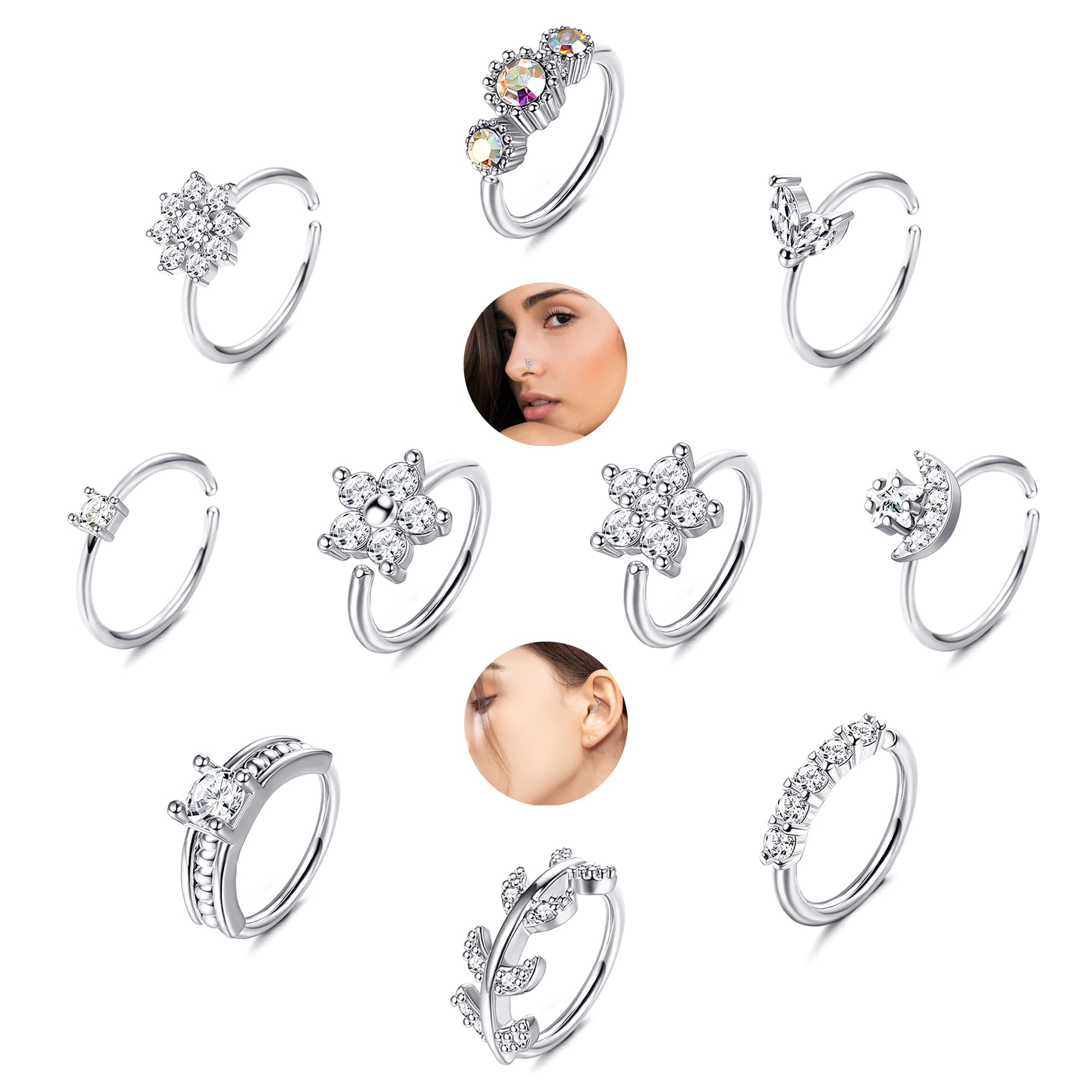 Kakonia 10Pcs Piercing Nariz Acero Quirurgico para Mujer 20G Pendientes Pequeños Aro de Perforación de Nariz Acero Inoxidable CZ Cartílago de Oreja Joyería de Aros Piercing Plata Oro Rosa